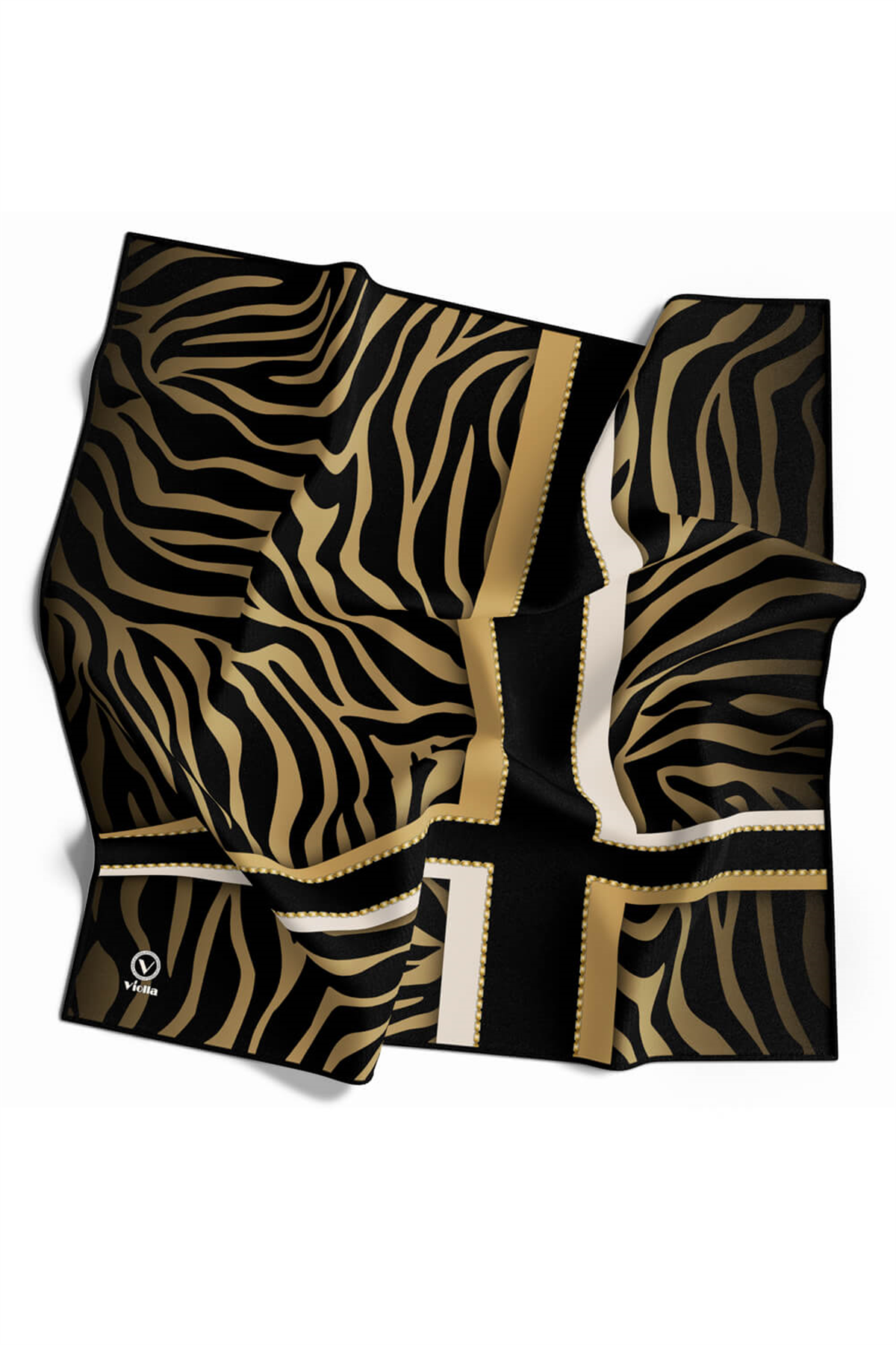 Twill Zebra Desenli Siyah - Gold Renkli 90x90 Eşarp (İpek İçermez) Dikim Şekli : El Dikişi