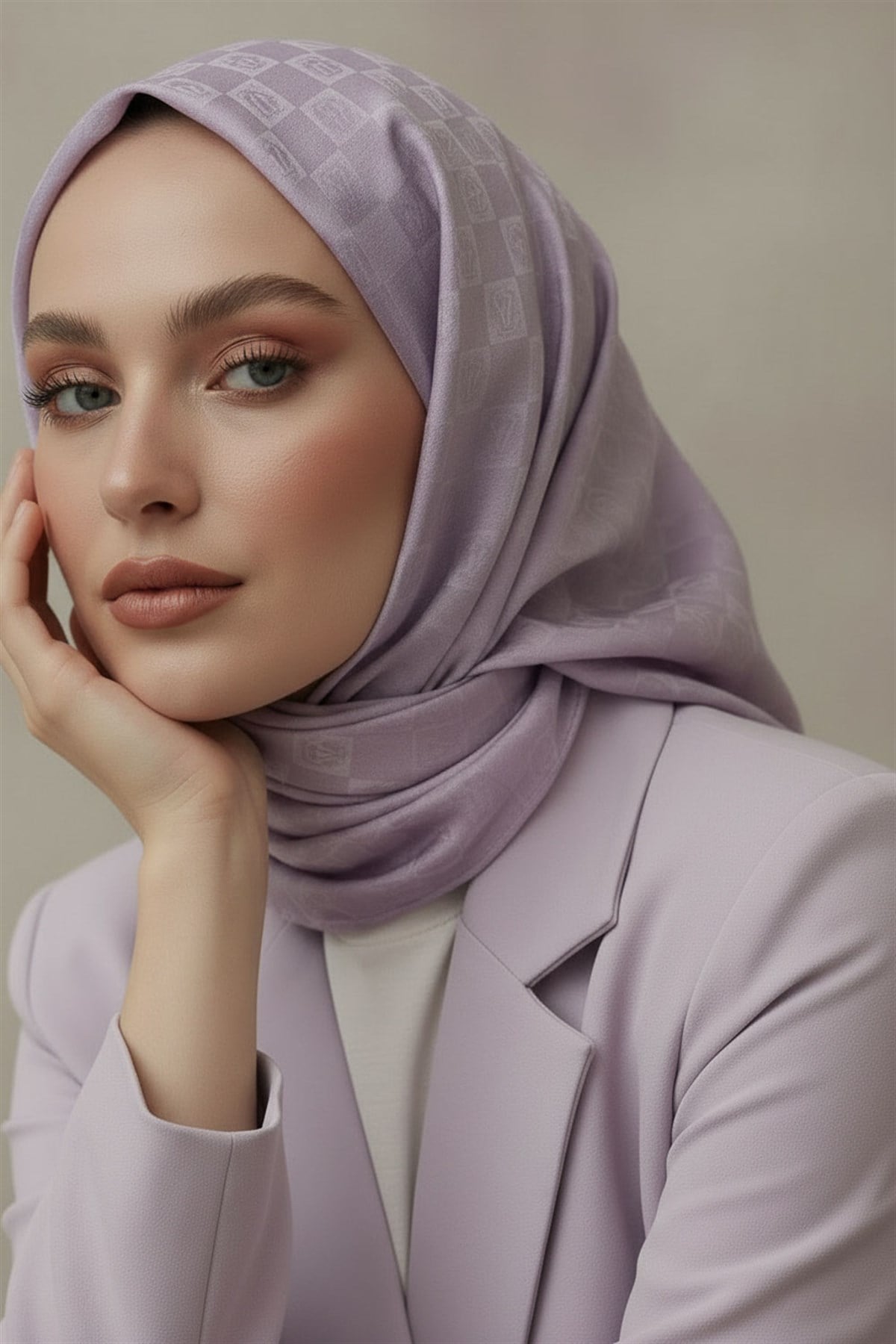 %57 İpek %43 Pamuk Jakarlı Monogram Eşarp 92X92