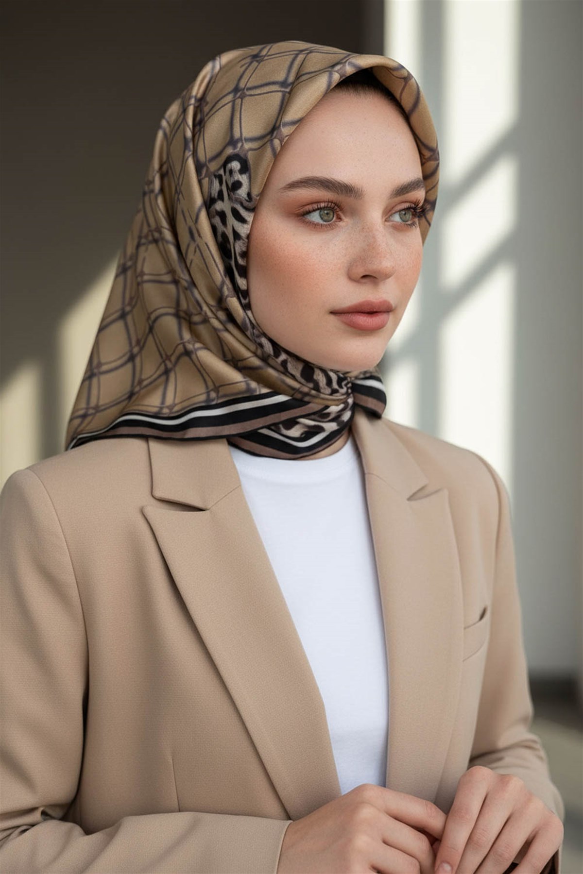 %100 Twill İpek Leopar Desenli Bej Renkli 90x90 Eşarp Dikim Şekli : El Dikişi