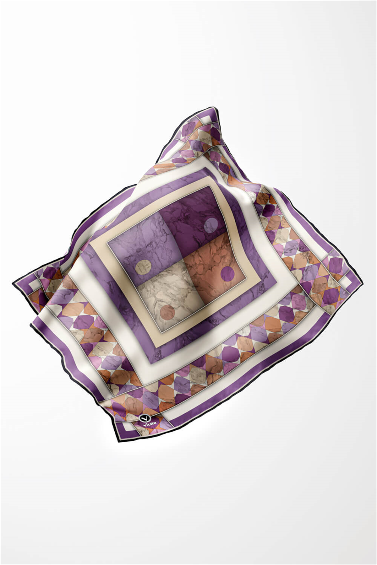 Twill Geometrik Mermer Desenli Lila Renkli 90x90 Eşarp (İpek İçermez) Kenar Dikiş Şekli El Dikişli