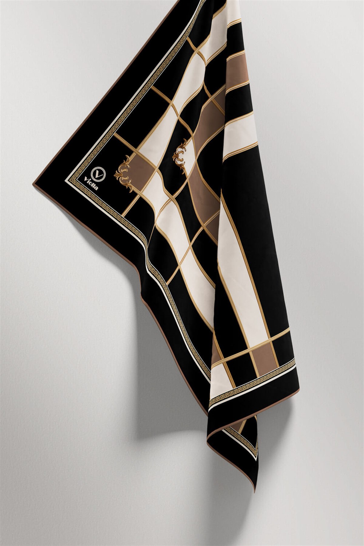 Twill Gold Detaylı Kareli Desenli Vizon Renkli 90x90 Eşarp (İpek İçermez) Kenar Dikiş Şekli El Dikişli