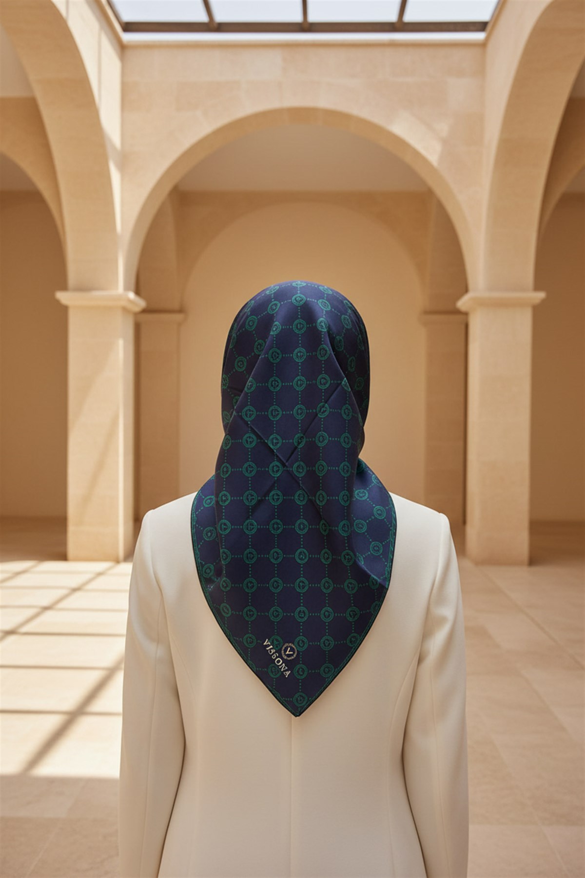 %100 Twill İpek Zincirli Ve Monogram Desenli Lacivert - Zümrüt Yeşili Renkli 90x90 Eşarp Dikim Şekli : El Dikişi