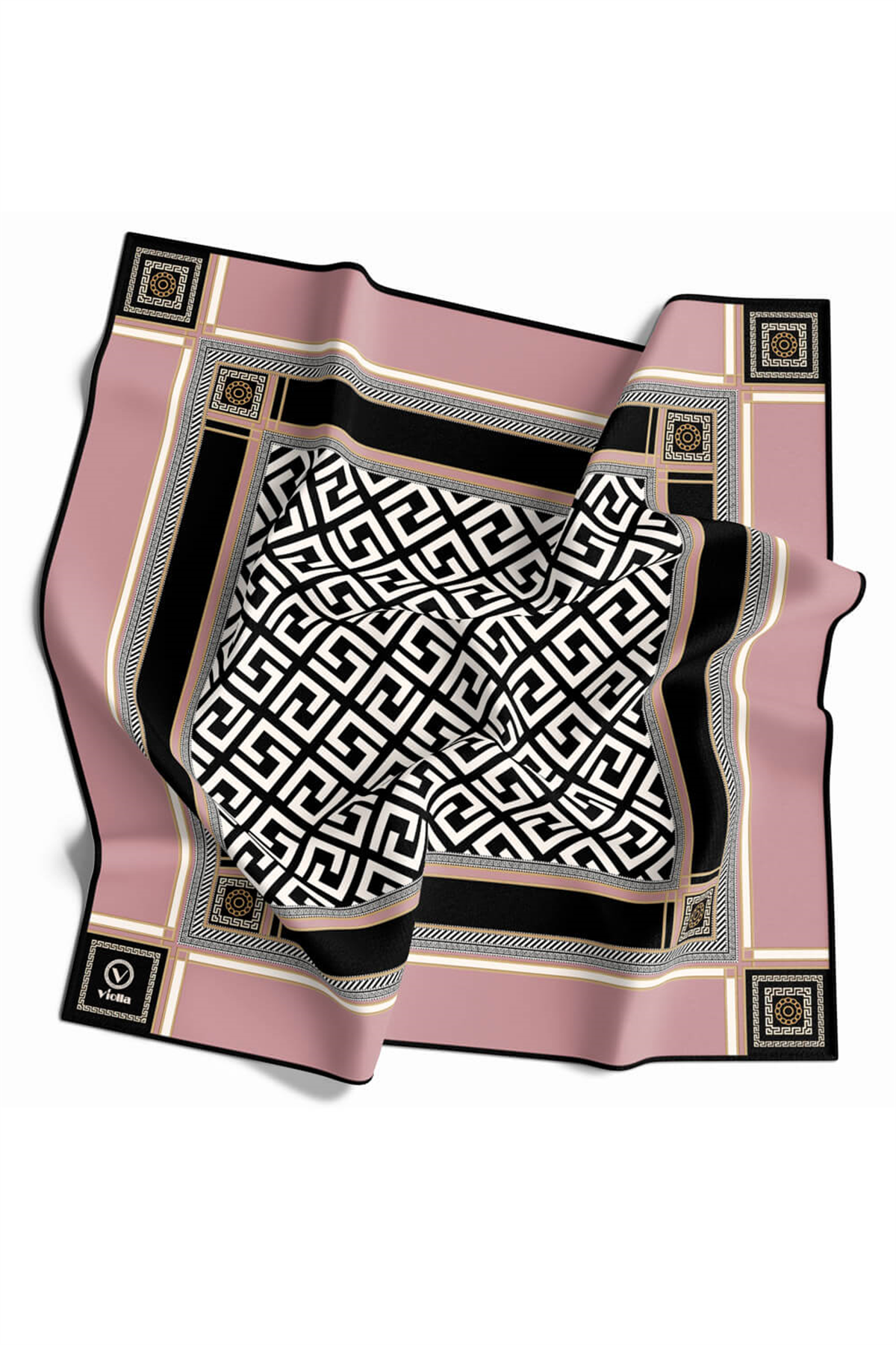 Twill Antik Desenli Pudra Renkli 90x90 Eşarp (İpek İçermez) Kenar Dikiş Şekli El Dikişli