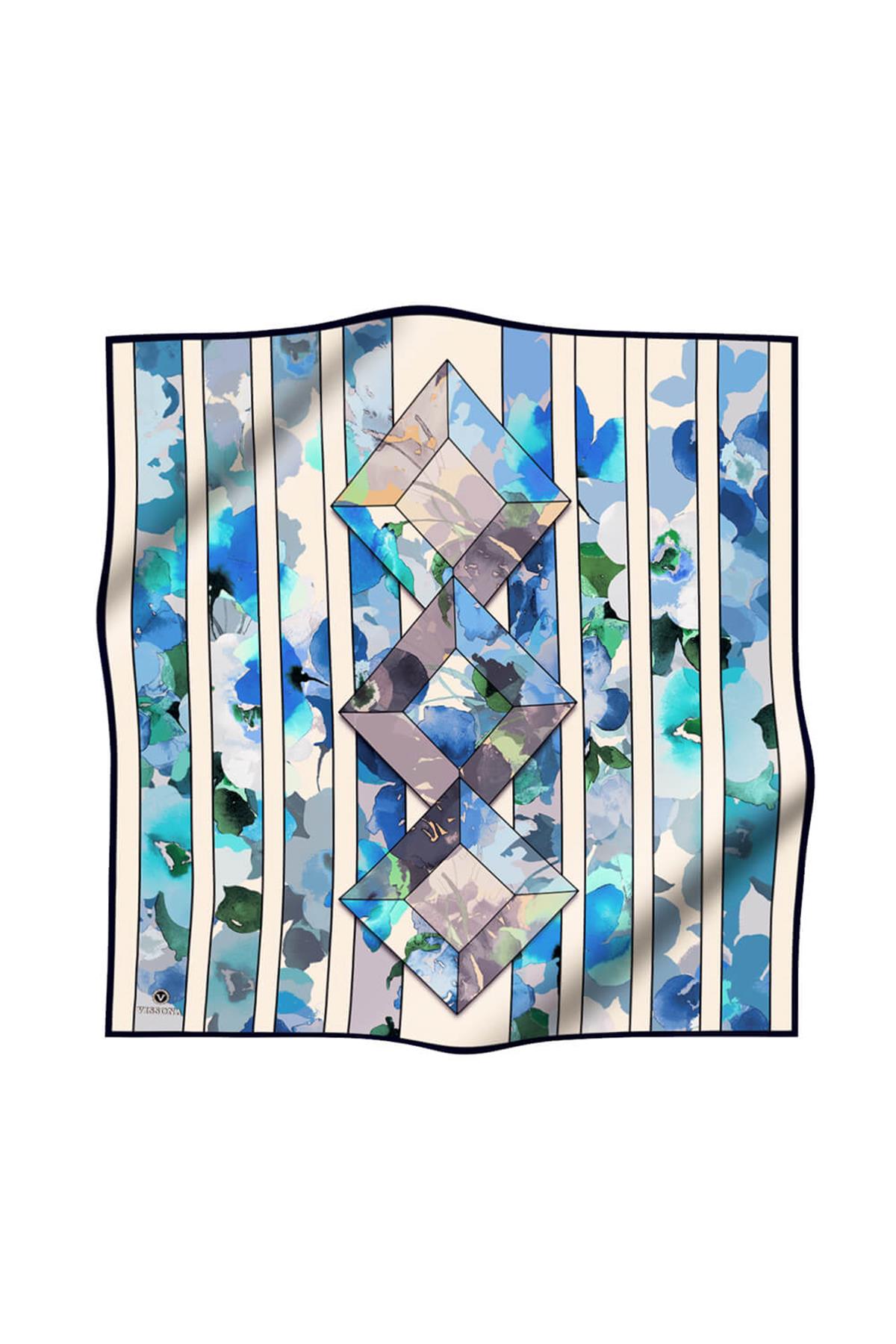 %100 Twill İpek Bahar Çiçekleri Desenli Bebe Mavisi - İndigo Renkli 90x90 Eşarp Kenar Dikiş Şekli El Dikişli