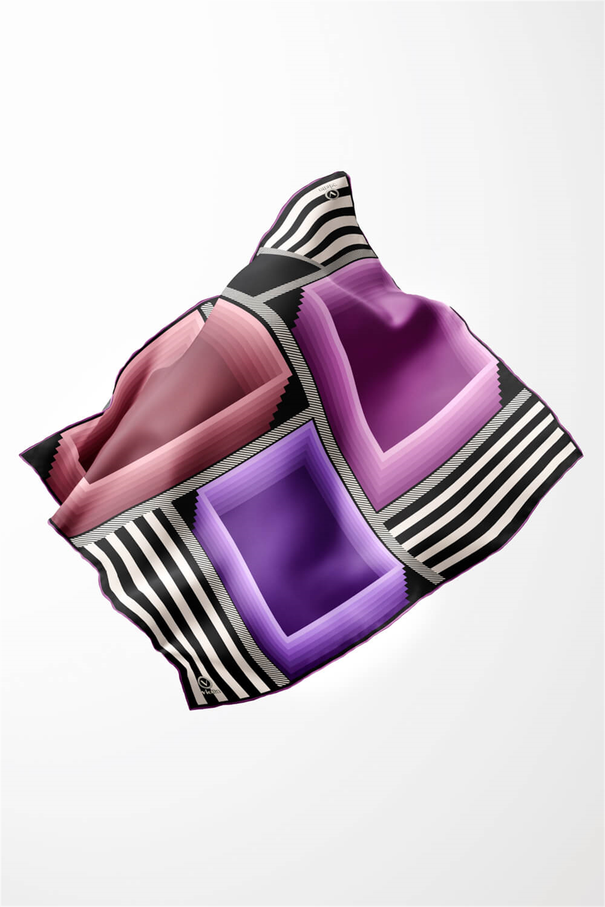Twill Geometrik Desenli Lila Renkli 90x90 Eşarp (İpek İçermez) Kenar Dikiş Şekli El Dikişli