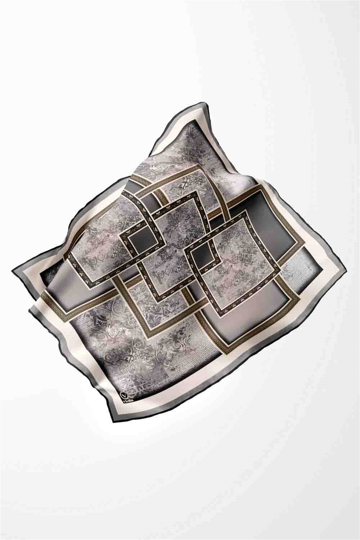 Twill Geometrik Desenli Gri Renkli 90x90 Eşarp (İpek İçermez) Kenar Dikiş Şekli El Dikişli