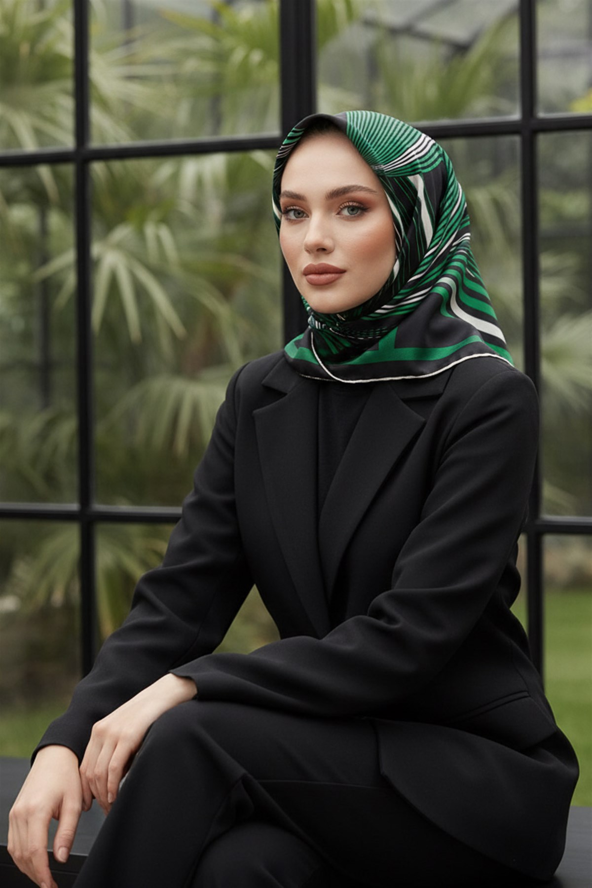 %100 Twill İpek Çizgili Desenli Zümrüt Yeşili - Krem Renkli 90x90 Eşarp Dikim Şekli : El Dikişi