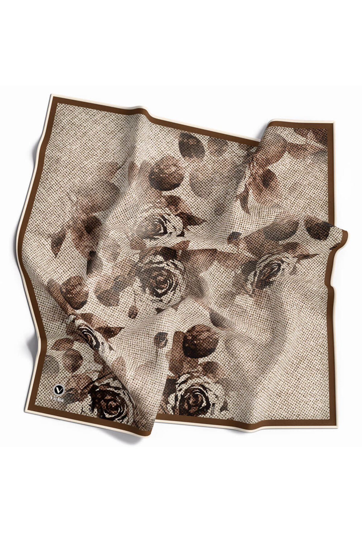 Twill Gül Desenli Bej Renkli 90x90 Eşarp (İpek İçermez) Kenar Dikiş Şekli El Dikişli