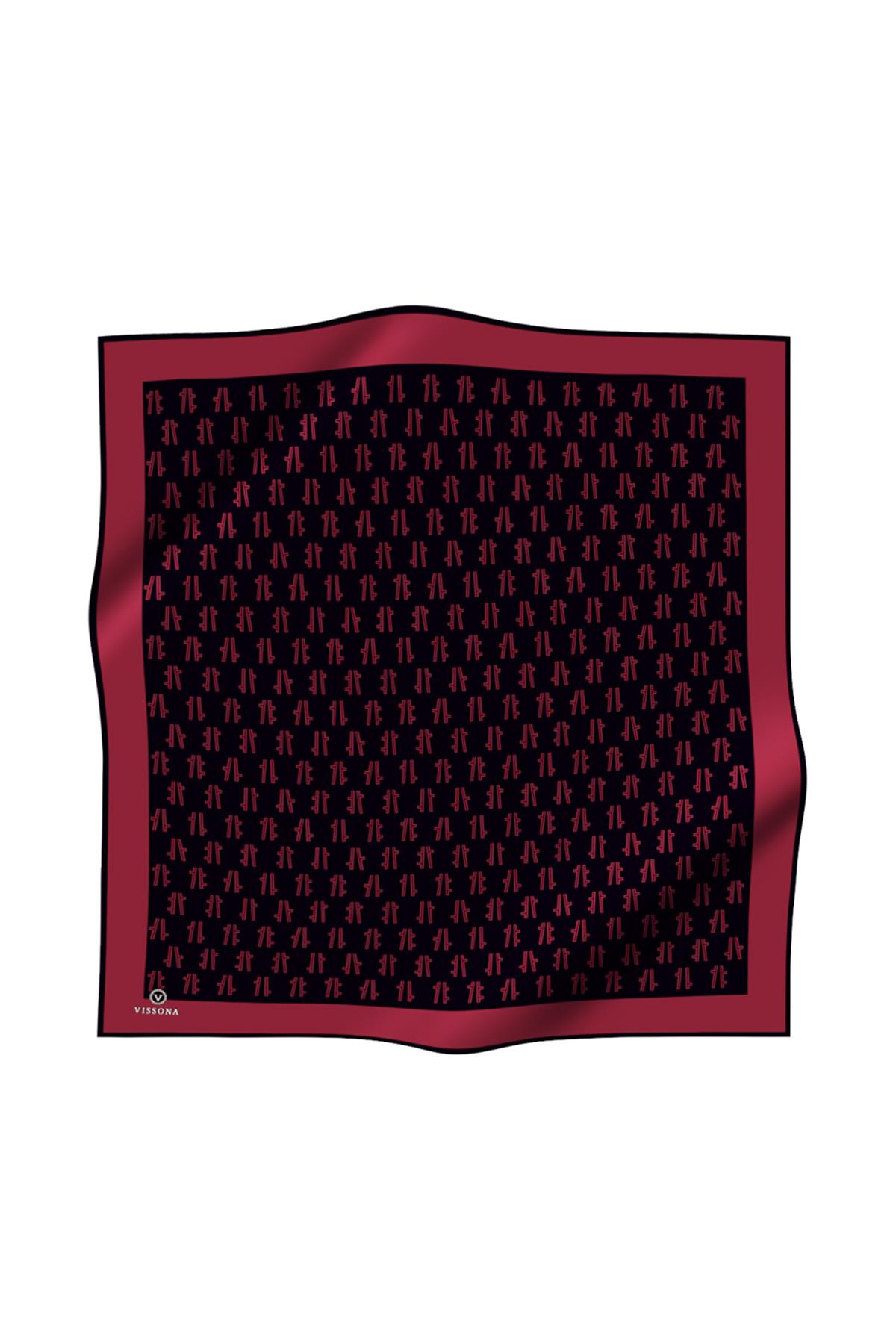 %100 Twill İpek Geometrik Desenli Bordo - Siyah Renkli 90x90 Eşarp Dikim Şekli : El Dikişi