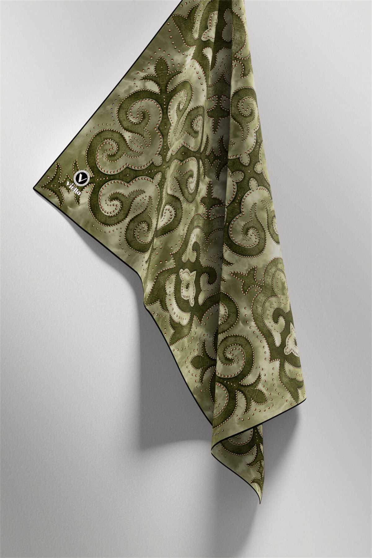 Twill Barok Desenli Haki Renkli 90x90 Eşarp (İpek İçermez) Kenar Dikiş Şekli El Dikişli