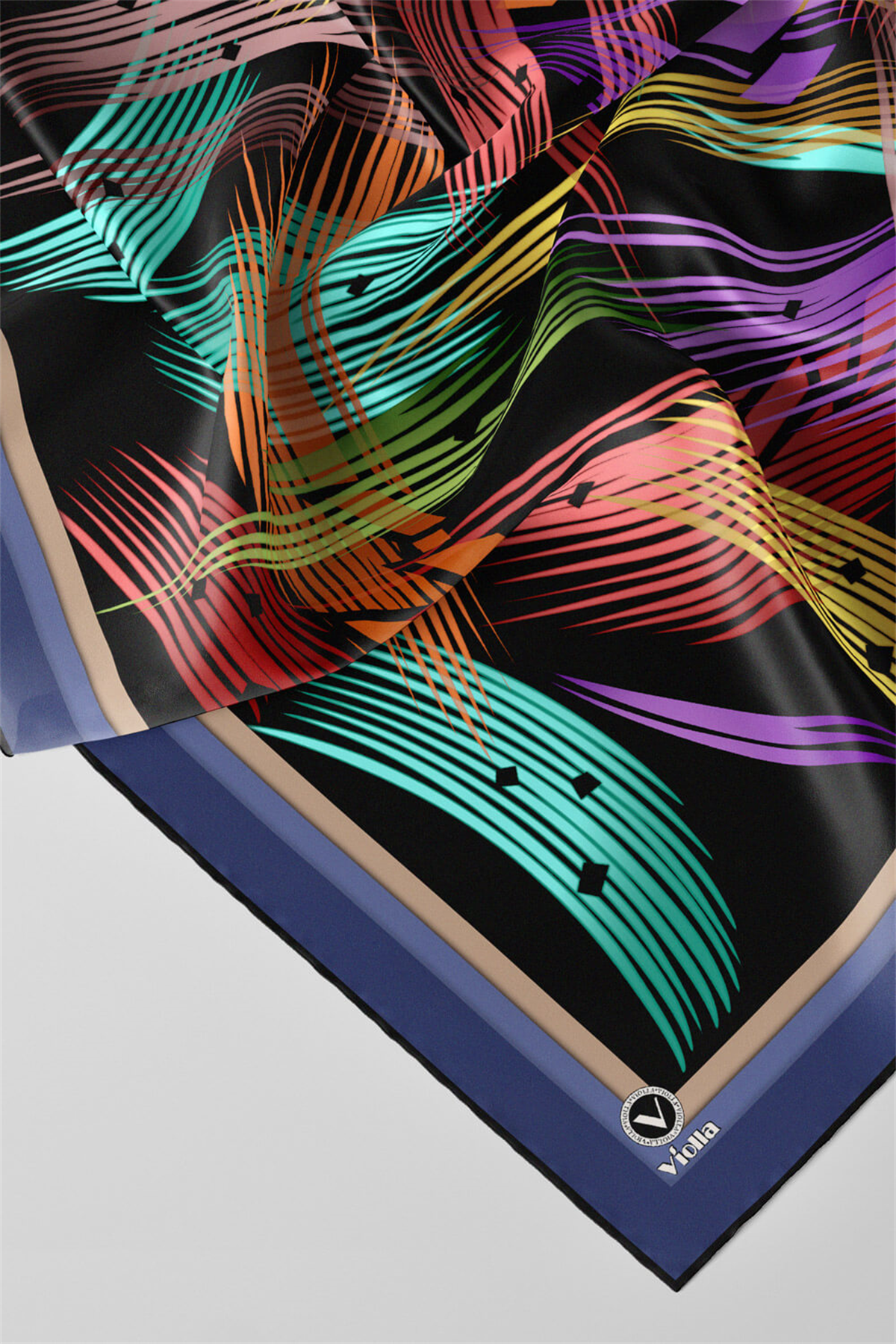 Twill Geometrik Desenli İndigo Renkli 90x90 Eşarp (İpek İçermez) Kenar Dikiş Şekli El Dikişli