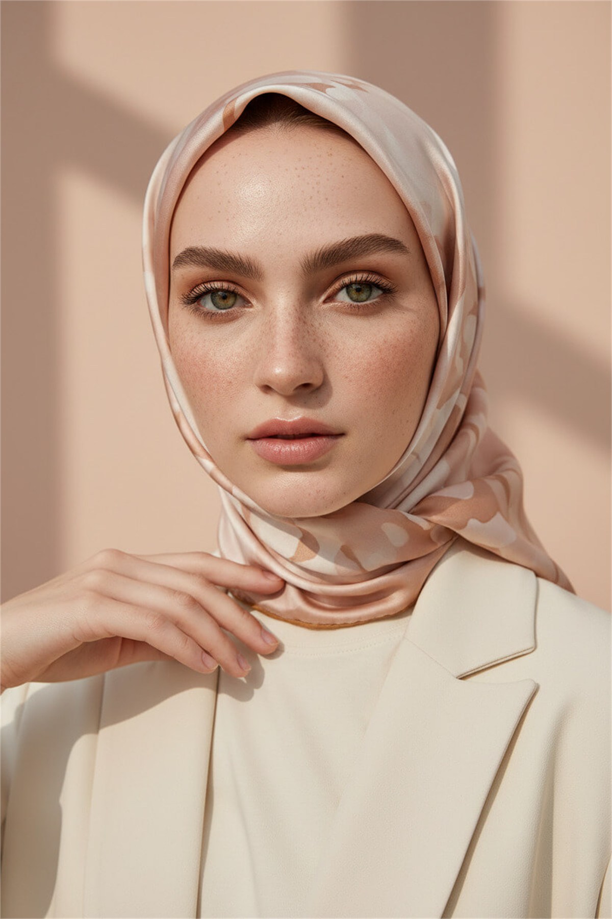 Rayon Büyük Çiçek Desenli Bej Renkli 90x90 Eşarp (İpek İçermez) Kenar Dikiş Şekli El Dikişli
