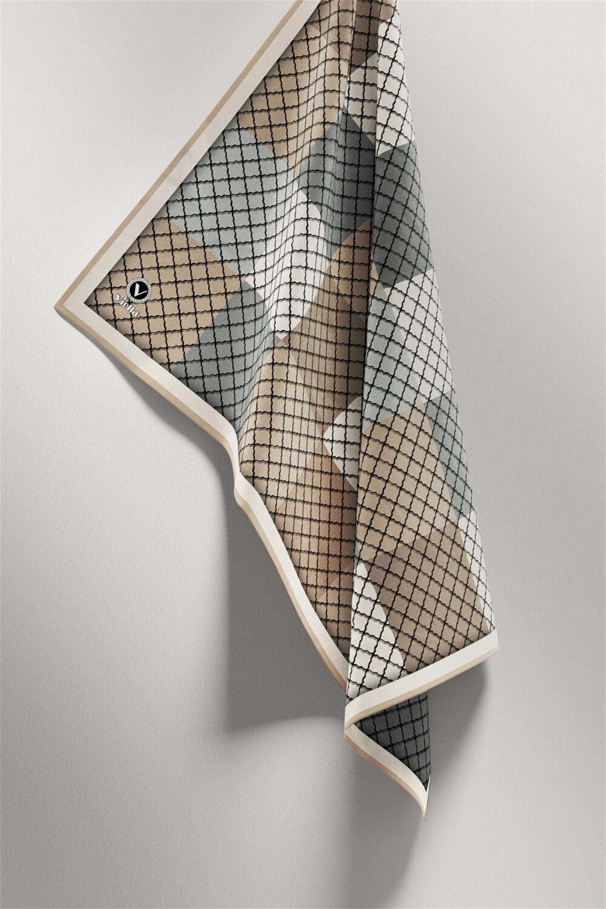 Twill Kare Desenli Bej Renkli 90x90 Eşarp (İpek İçermez) Kenar Dikiş Şekli El Dikişli