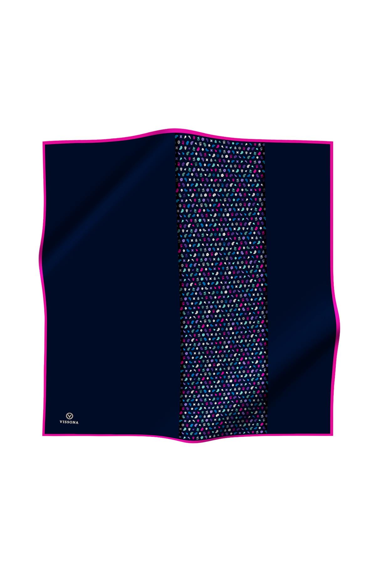 %100 Twill İpek Çıtır Şerit Desenli Lacivert - Fuşya Renkli 90x90 Eşarp Dikim Şekli : El Dikişi