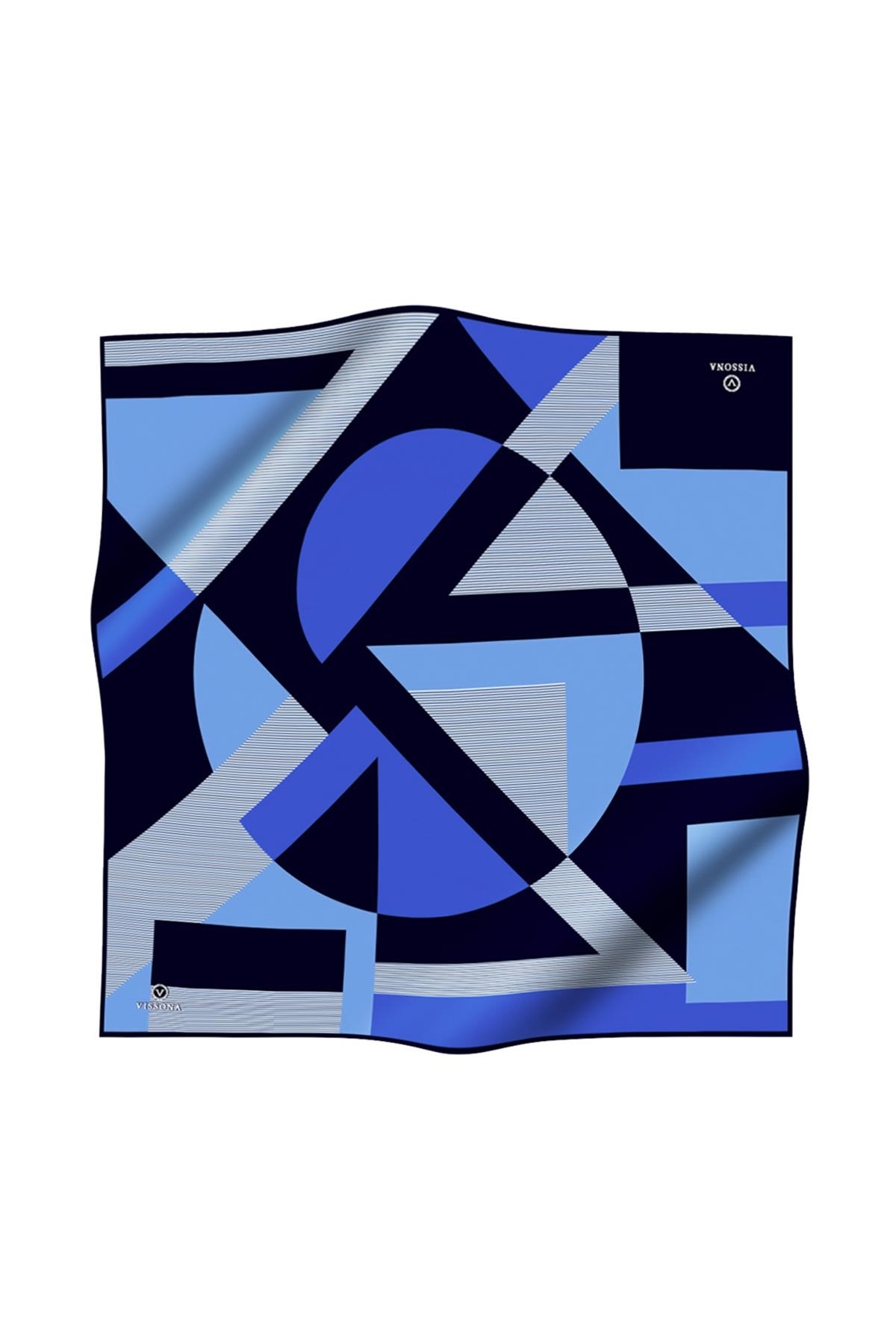 %100 Twill İpek Geometrik Çizgi Desenli Lacivert - Saks Renkli 90x90 Eşarp Kenar Dikiş Şekli El Dikişli