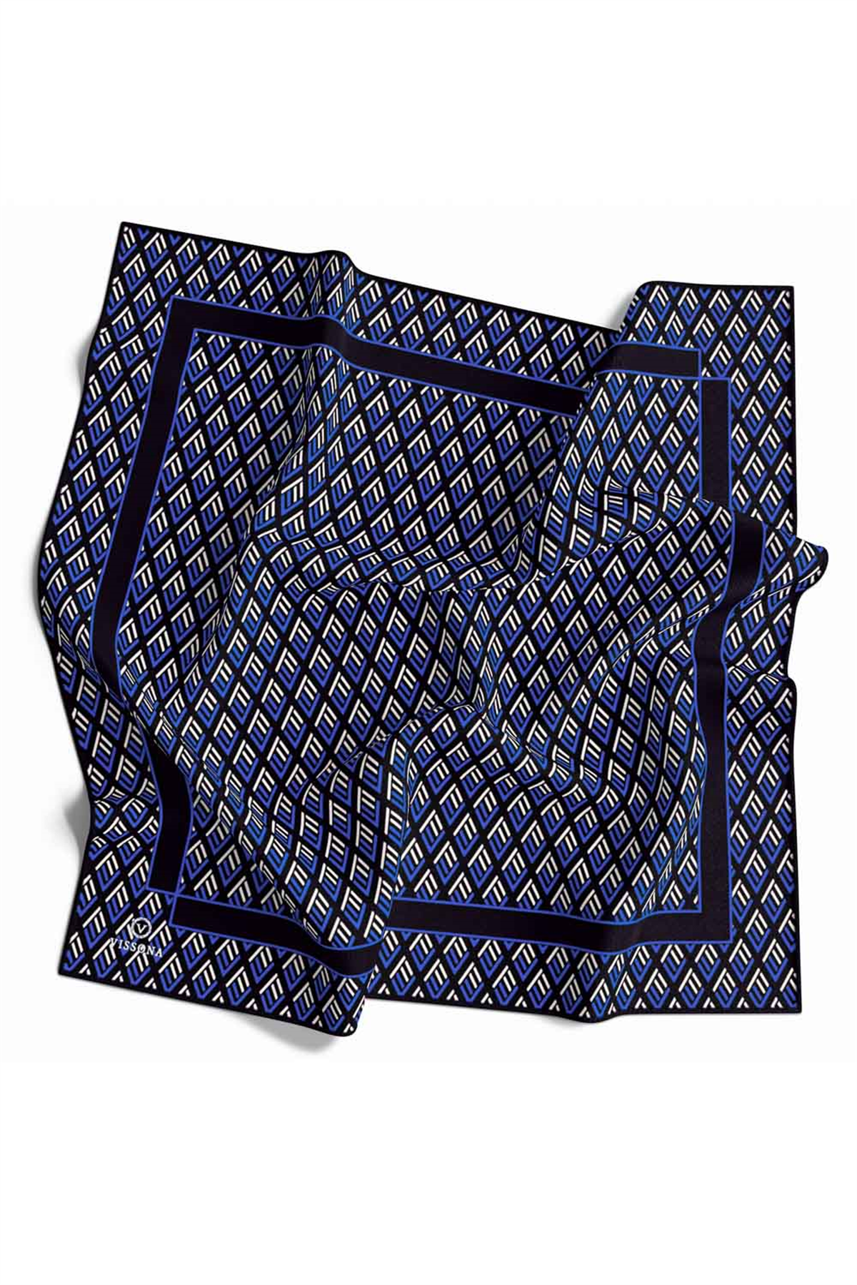 % 57 İPEK % 43 VİSKON Twill İpek Geometrik Desenli Siyah - Saks Renkli 90x90 Eşarp Dikim Şekli : El Dikişi