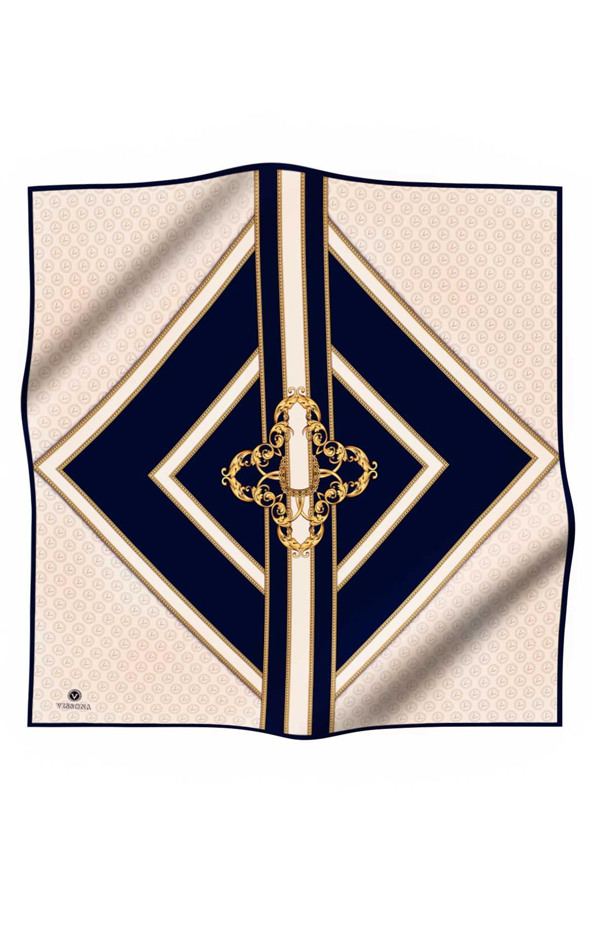 %100 Twill İpek Monogram ve Barok Desenli Lacivert - Krem Renkli 90x90 Eşarp Dikim Şekli : El Dikişi