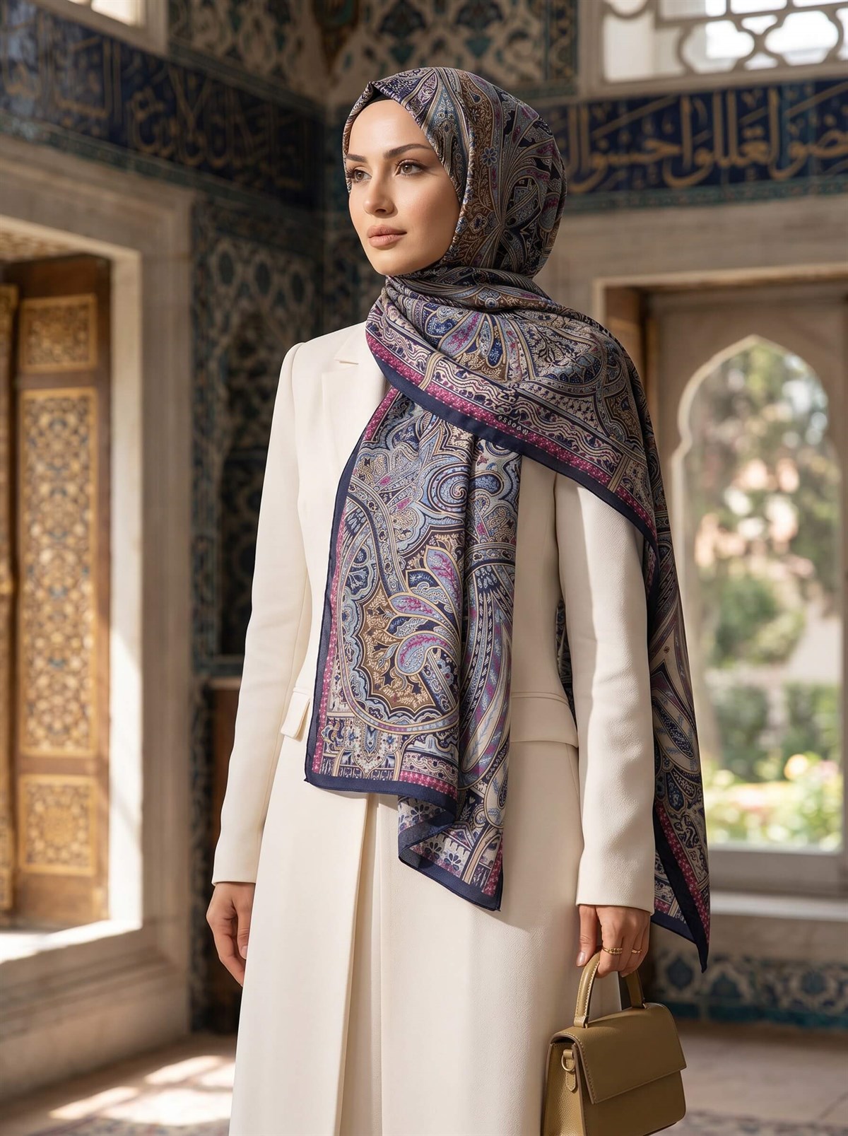 100% İpek Etro Desenli Lacivert - Gold Renkli 92x210 Şal