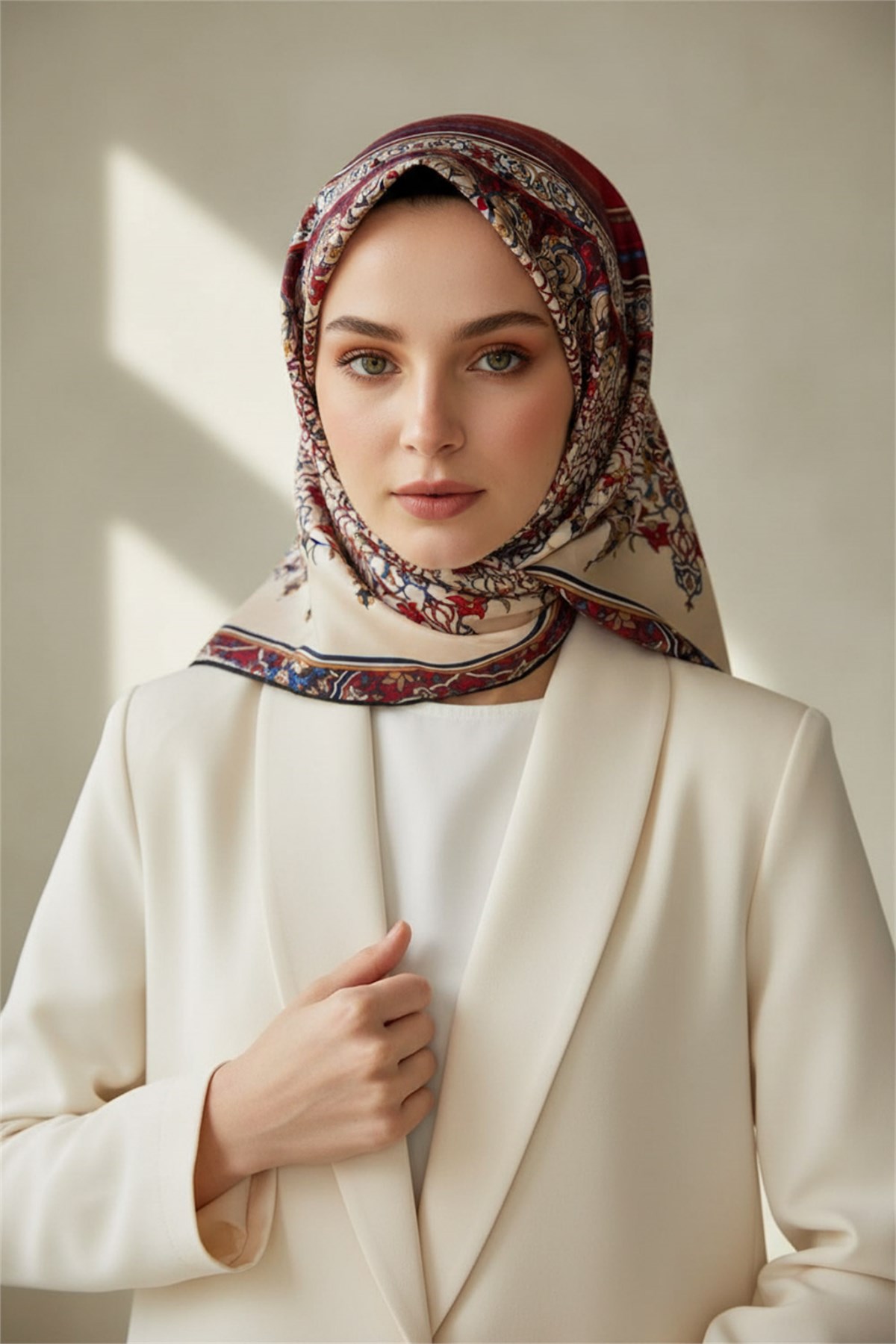 %100 Twill İpek Şal Desenli Bordo Renkli 90x90 Eşarp Dikim Şekli : El Dikişi