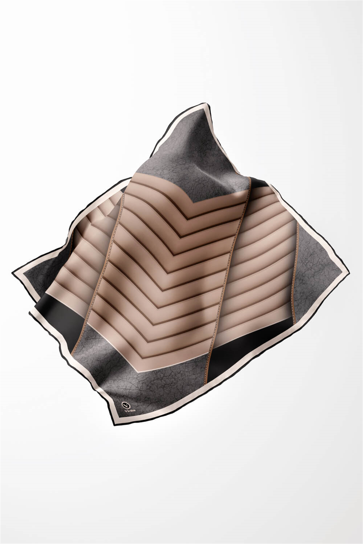 Twill Zigzag Desenli Gri - Bej Renkli 90x90 Eşarp (İpek İçermez) Kenar Dikiş Şekli El Dikişli