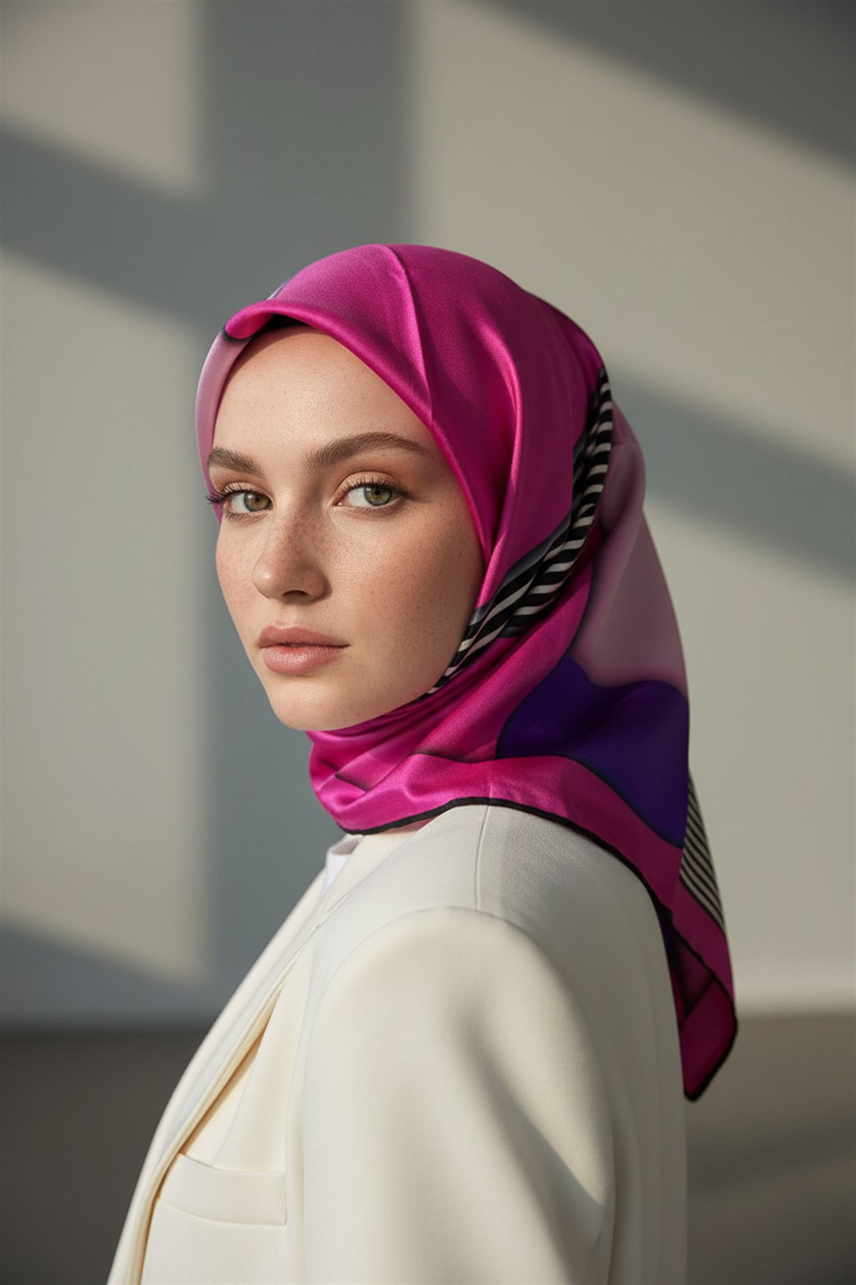 %100 Twill İpek Çizgili ve Geometrik Desenli Fuşya - Mor Renkli 90x90 Eşarp Dikim Şekli : El Dikişi