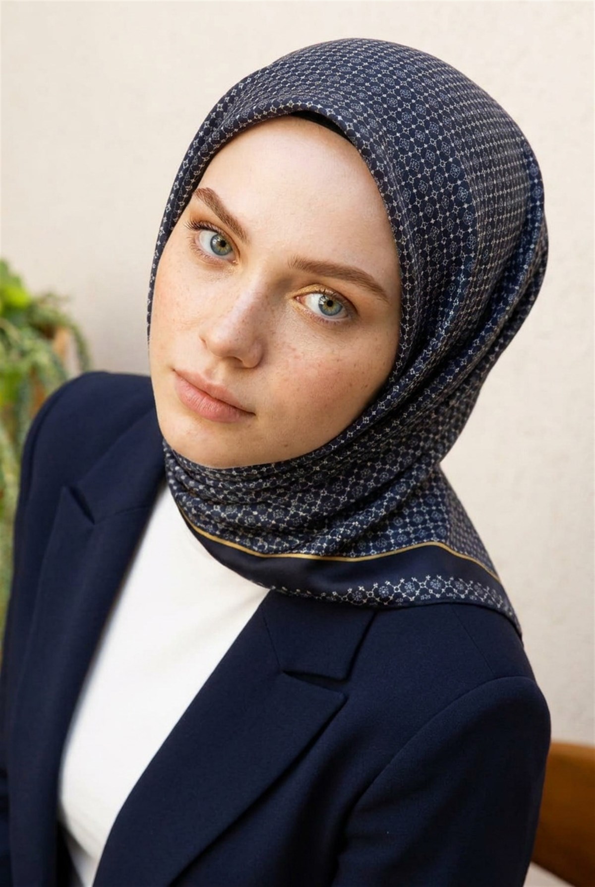 %100 Twill İpek Minik Motif Desenli Lacivert - Lacivert Renkli 90x90 Eşarp Dikim Şekli : El Dikişi