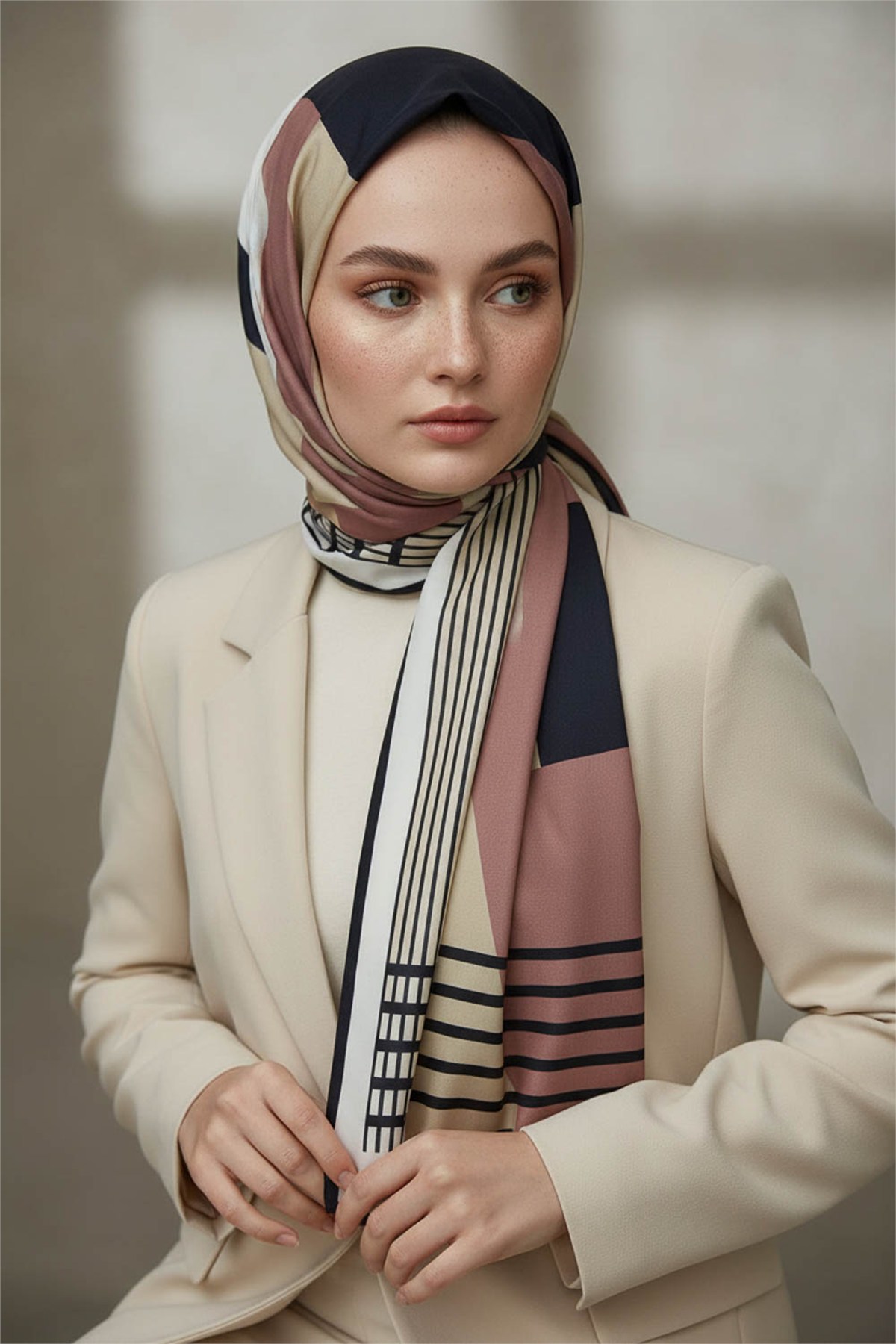 KREP GEOMETRİK DESENLİ PUDRA RENKLİ 75X195 KIRIŞMAZ ŞAL