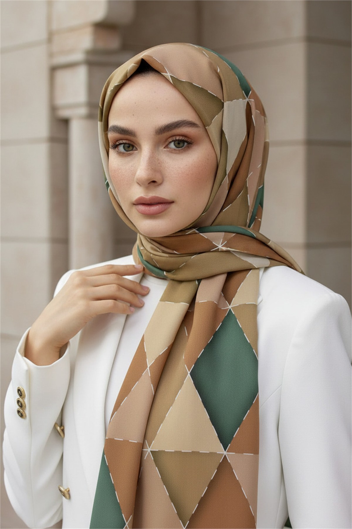 KREP ÜÇGEN YAMA DESENLİ MİNT YEŞİLİ RENKLİ 75X195 KIRIŞMAZ ŞAL