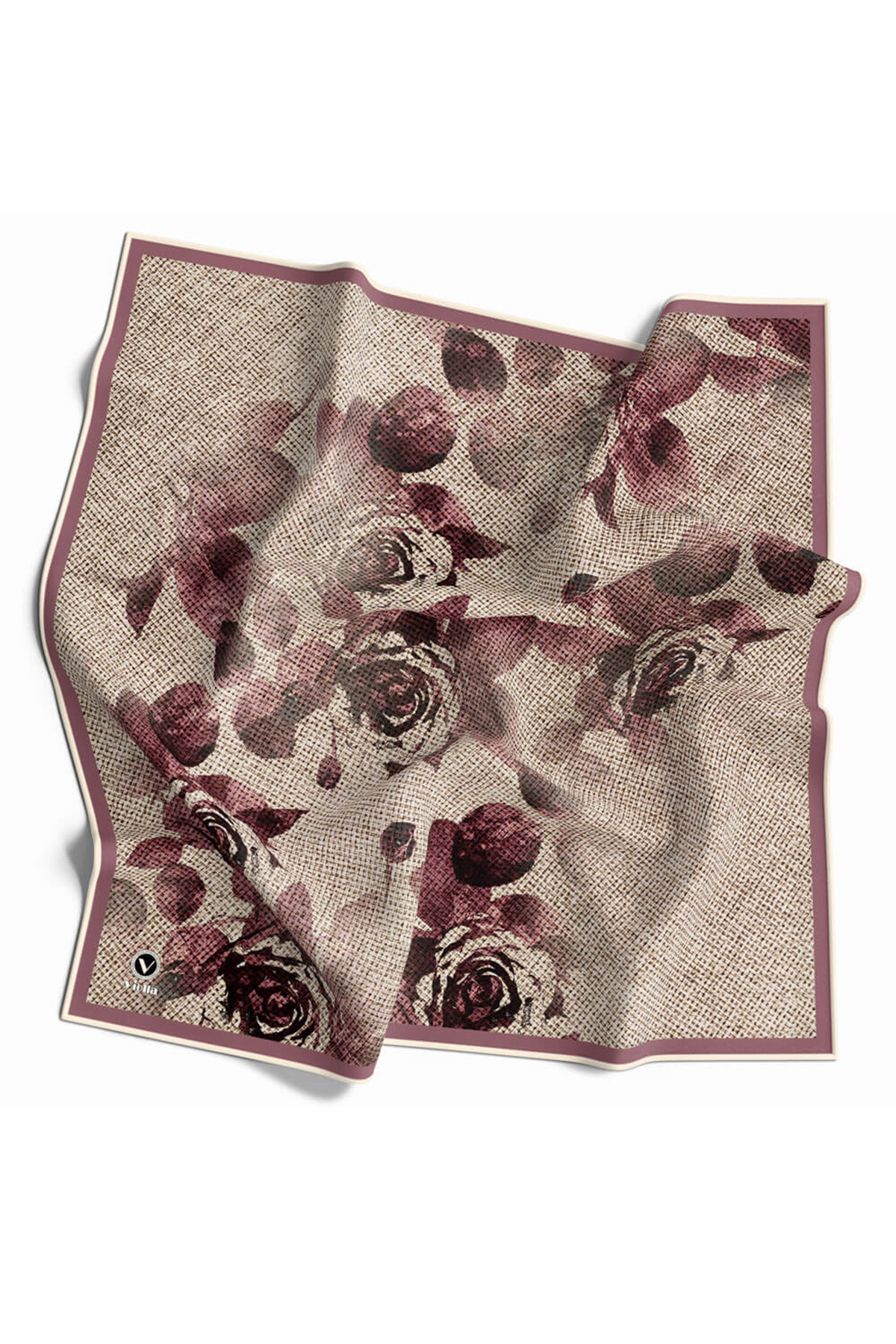 Twill Gül Desenli Pudra Renkli 90x90 Eşarp (İpek İçermez) Kenar Dikiş Şekli El Dikişli