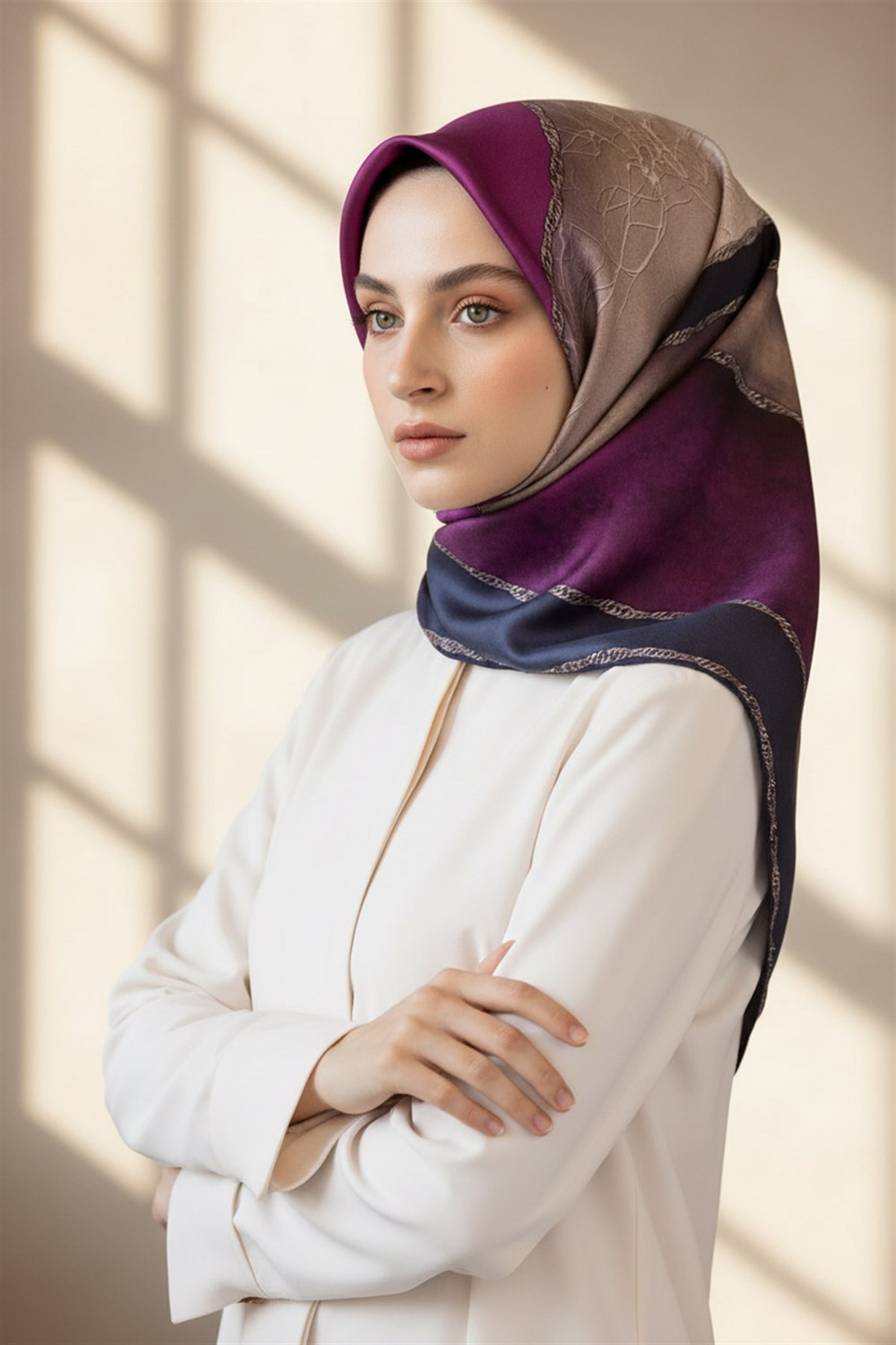 %100 Twill İpek Dokulu Geometrik Desenli Mürdüm - Lacivert Renkli 90x90 Eşarp Dikim Şekli : El Dikişi