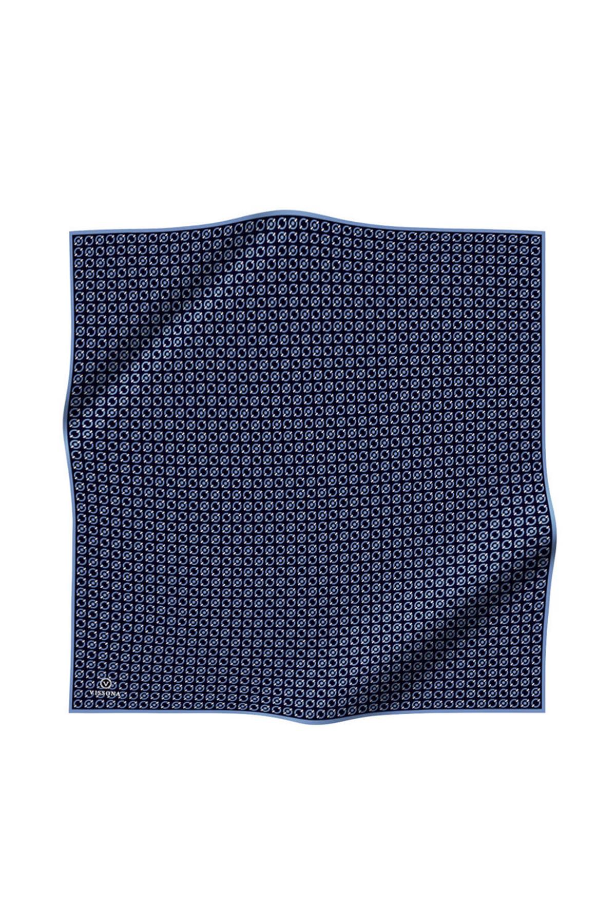 %100 Twill İpek Zincir Desenli Lacivert - İndigo Renkli 90x90 Eşarp Kenar Dikiş Şekli El Dikişli