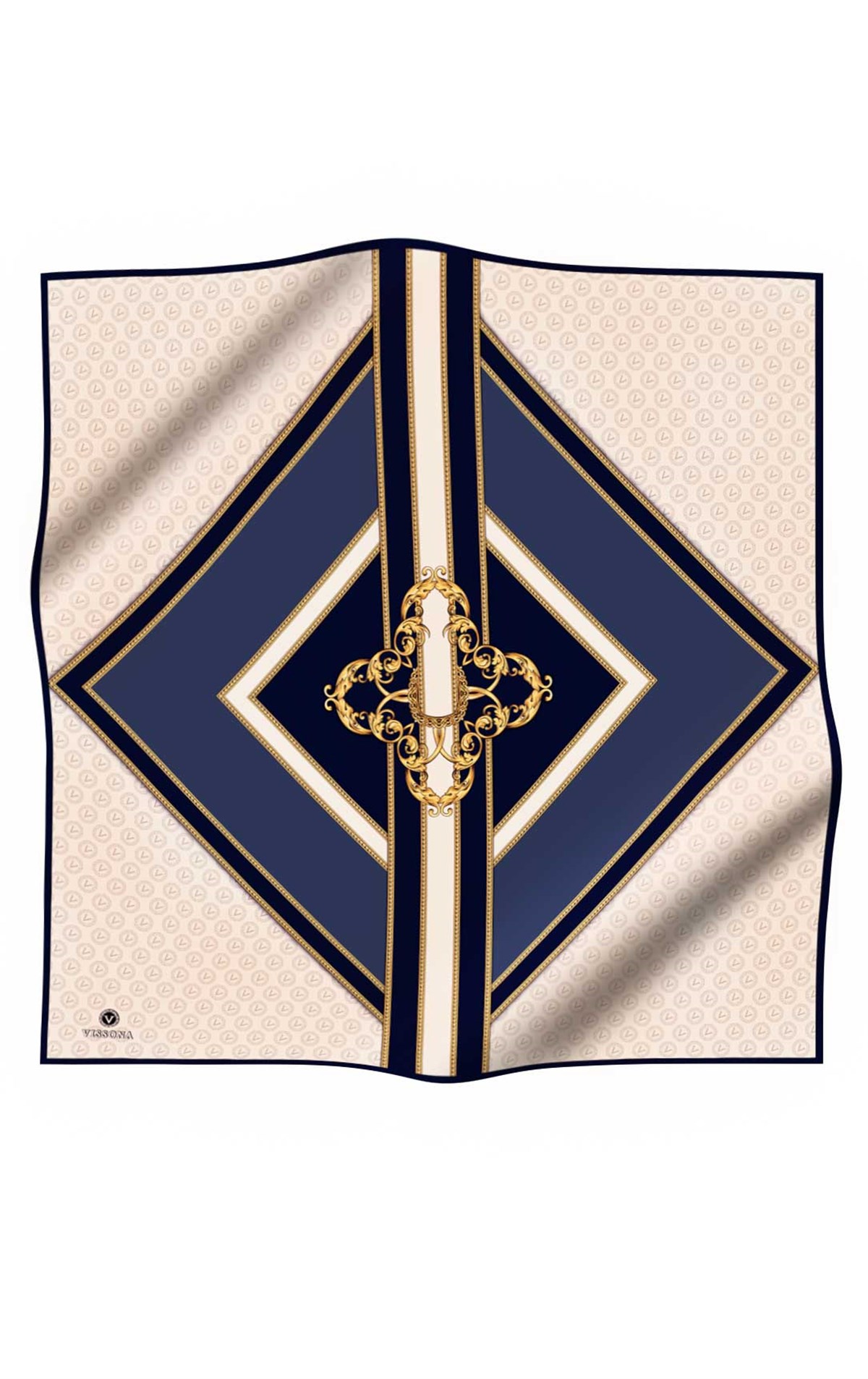 %100 Twill İpek Monogram ve Barok Desenli Lacivert - İndigo Renkli 90x90 Eşarp Dikim Şekli : El Dikişi