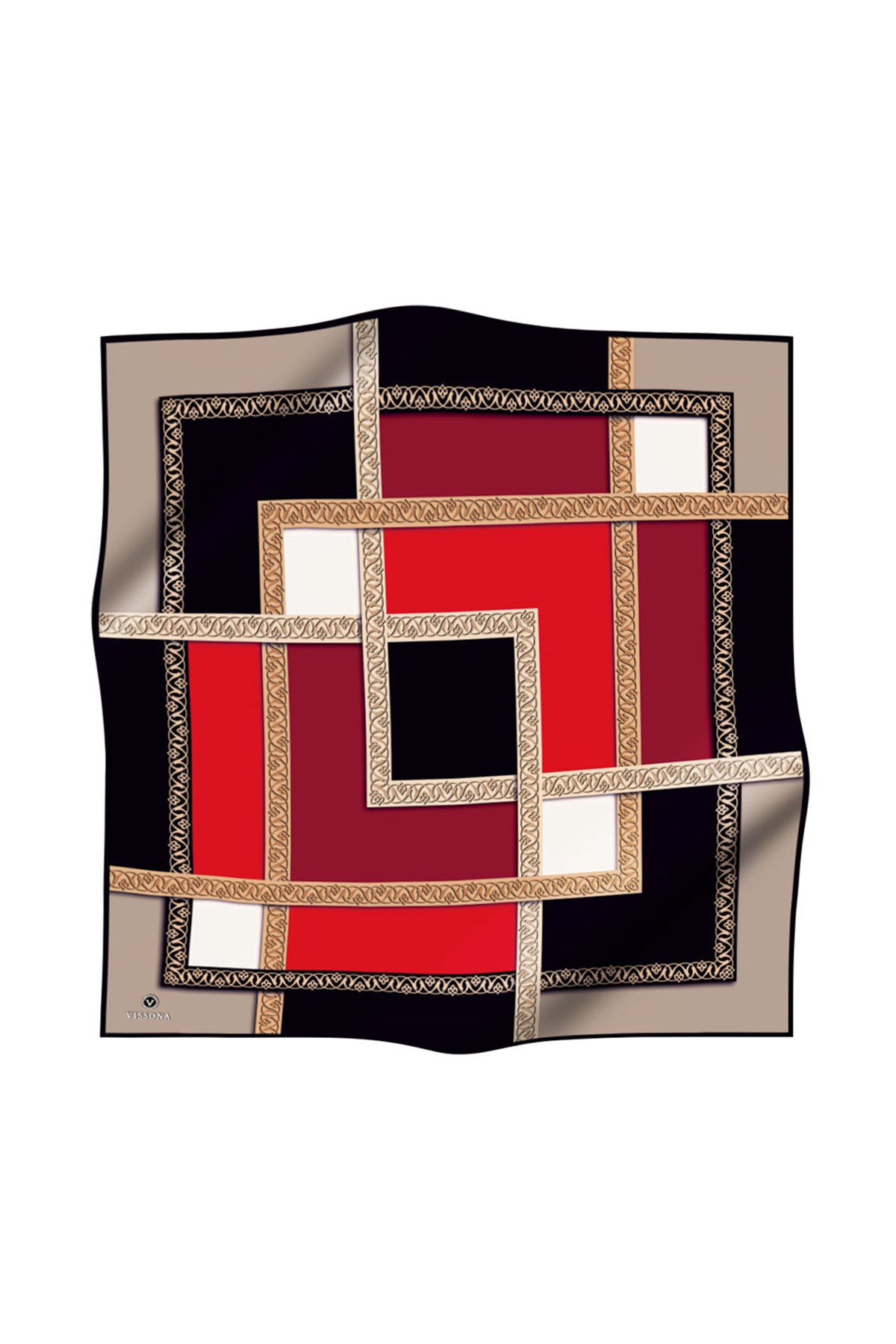 %100 Twill İpek Geometrik Desenli Kırmızı - Bej Renkli 90x90 Eşarp Dikim Şekli : El Dikişi