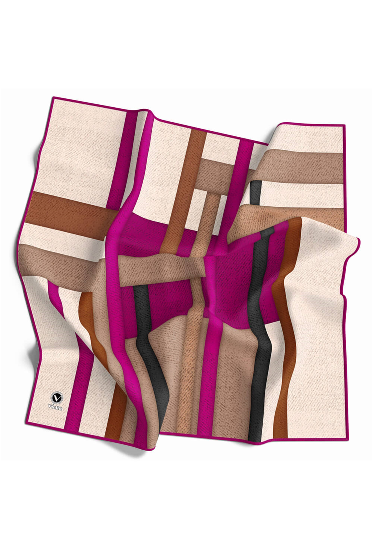 Twill Renkli Şerit Desenli Mürdüm Renkli 90x90 Eşarp (İpek İçermez) Kenar Dikiş Şekli El Dikişli
