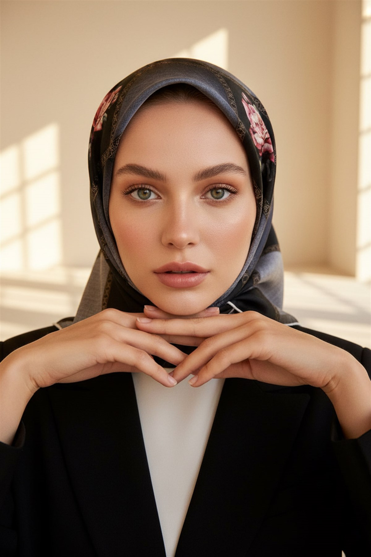 %100 Twill İpek Dokulu Çiçekli Ve Geometrik Desenli Siyah - Gri Renkli 90x90 Eşarp Dikim Şekli : El Dikişi
