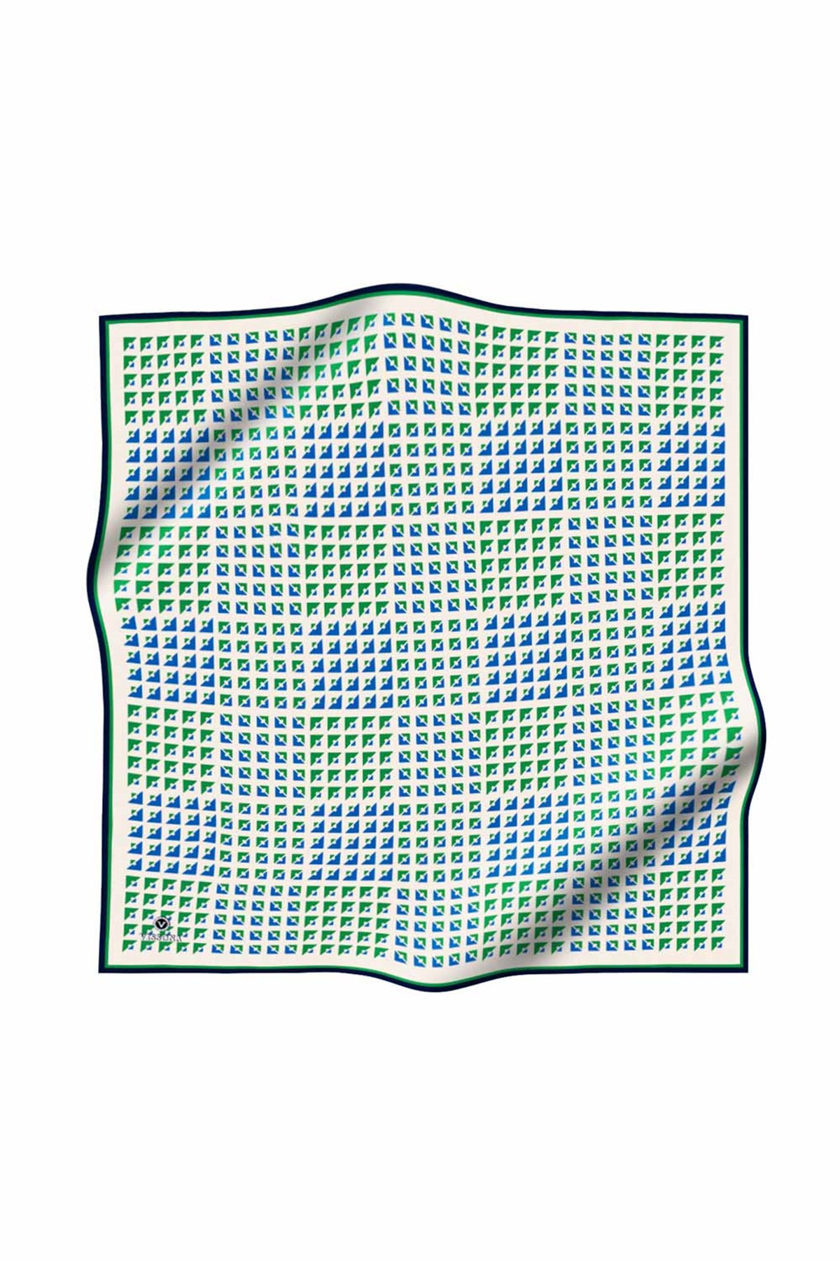 %100 Twill İpek Geometrik Desenli Benetton Yeşili - Saks Renkli 90x90 Eşarp Dikim Şekli : El Dikişi