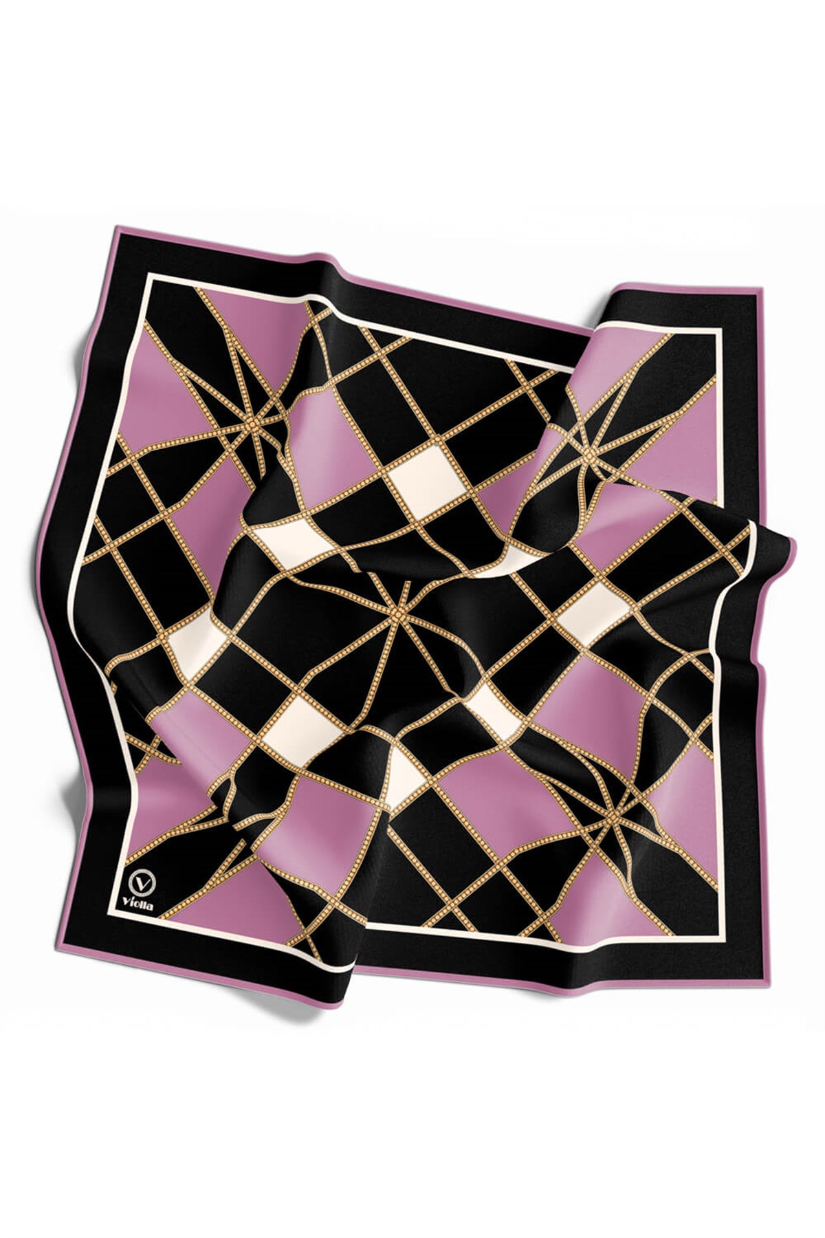 Twill Gold Detaylı Geometrik Çiçekli Desenli Lila Renkli 90x90 Eşarp (İpek İçermez) Kenar Dikiş Şekli El Dikişli