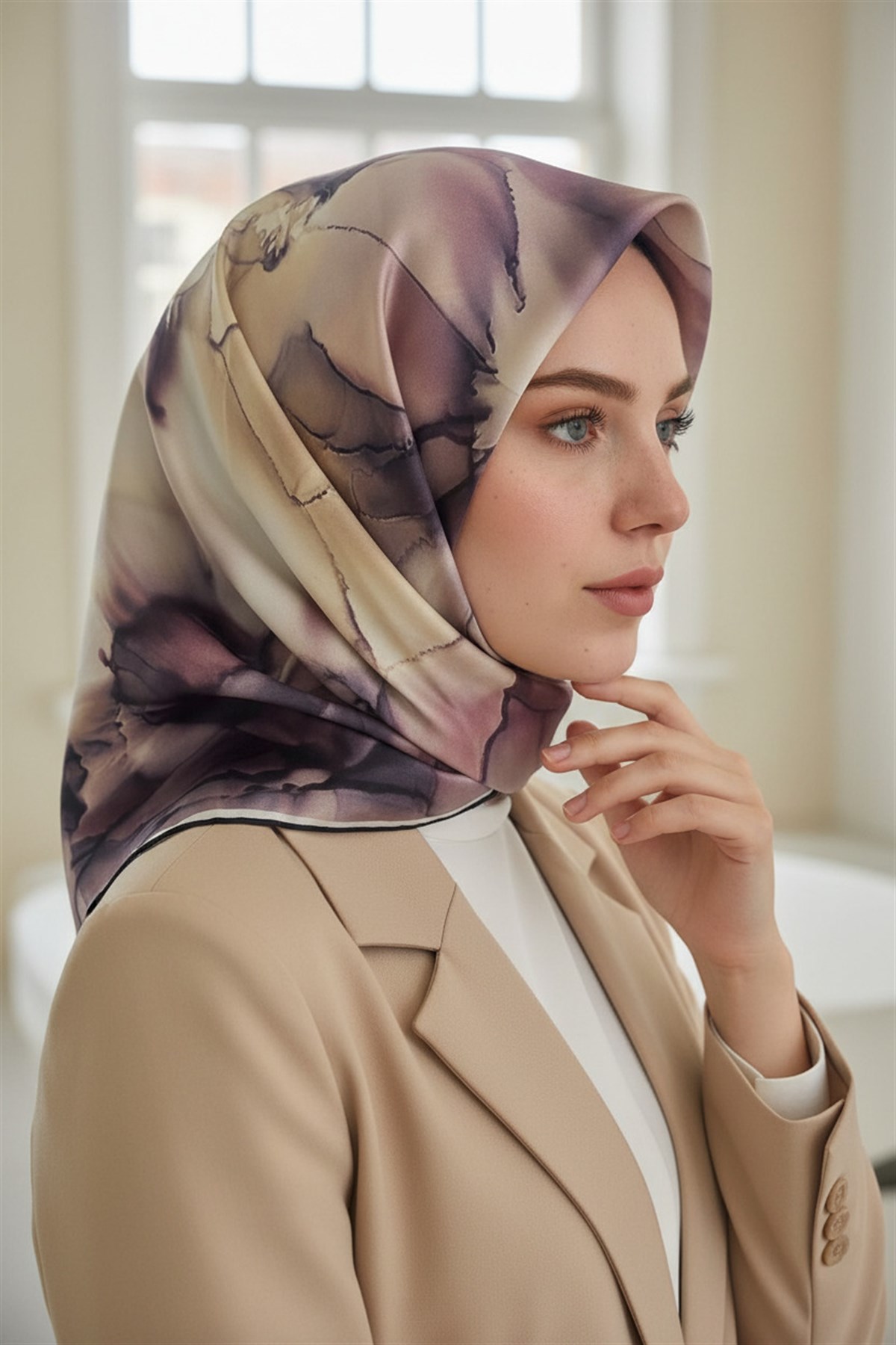 % 57 İPEK % 43 VİSKON Twill İpek Batik Çiçek Desenli Pudra - Bej Renkli 90x90 Eşarp Kenar Dikiş Şekli El Dikişli