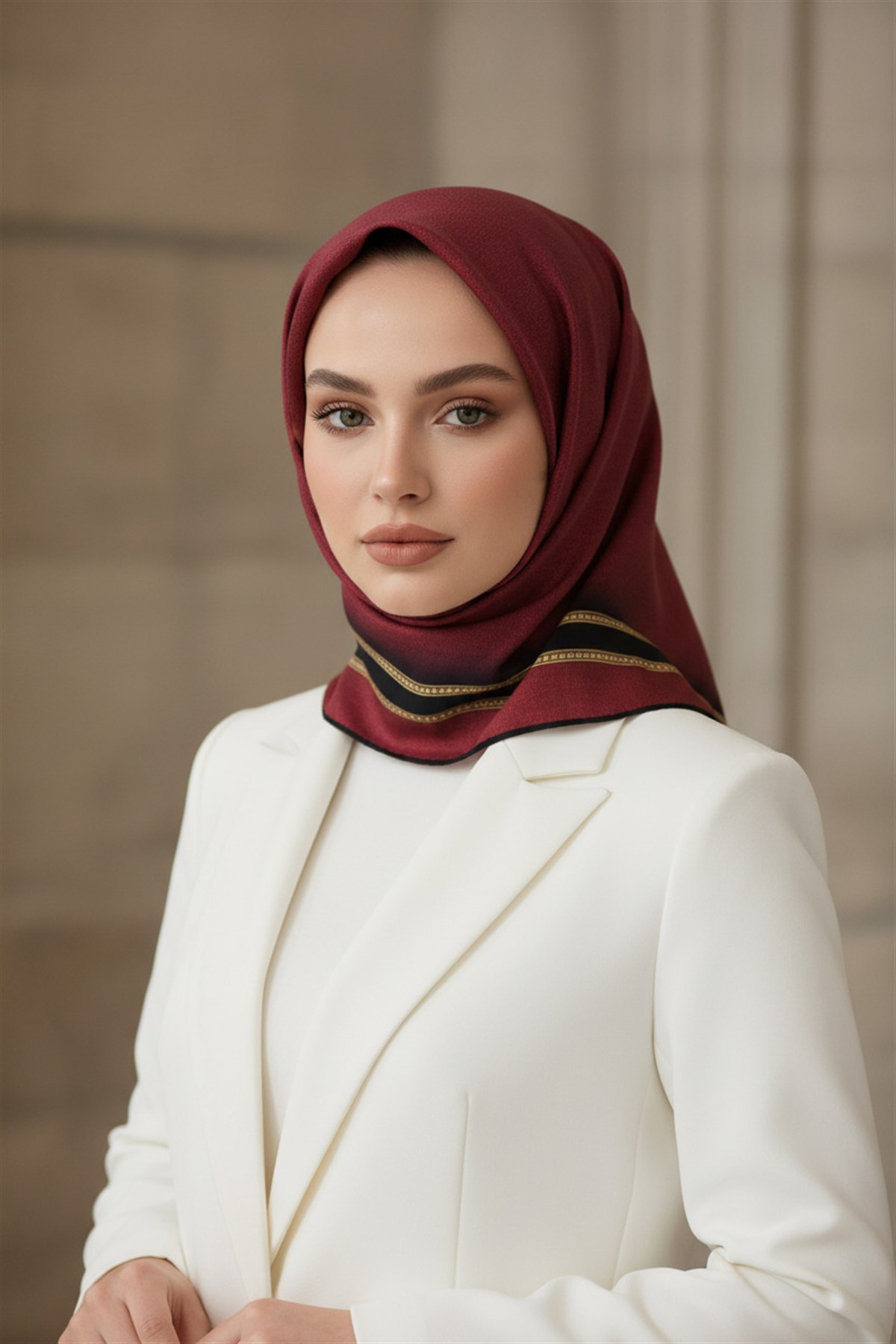 % 57 İPEK % 43 VİSKON Twill İpek Dokulu Şerit Desenli Siyah - Bordo Renkli 90x90 Eşarp Dikim Şekli : El Dikişi