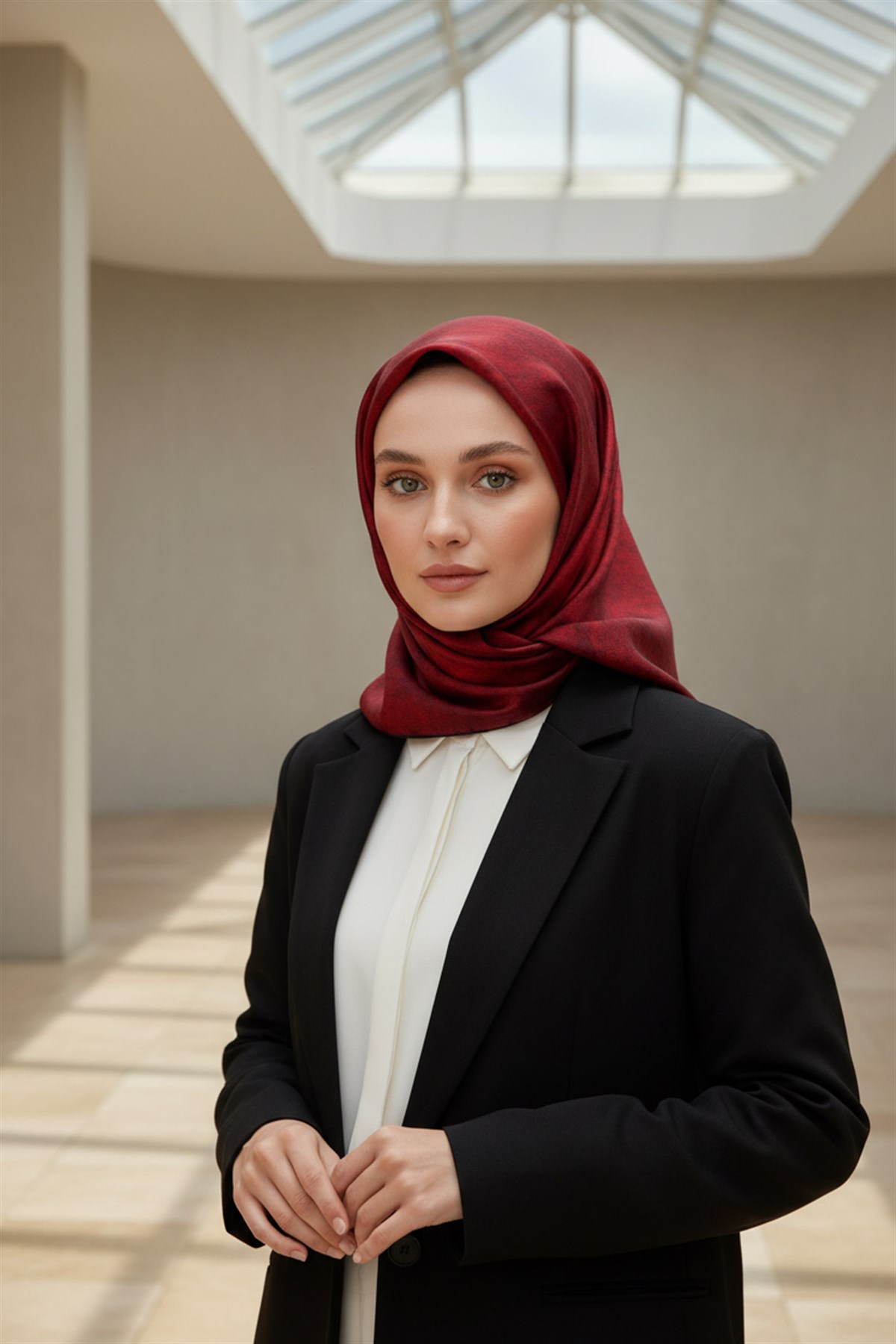 %100 Twill İpek Doku Desenli Kırmızı Renkli 90x90 Eşarp Dikim Şekli : El Dikişi