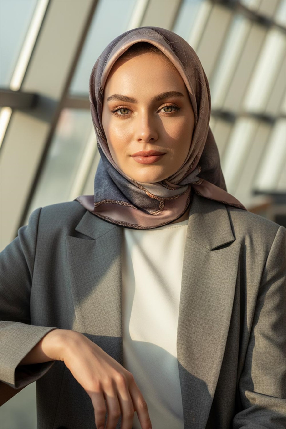 % 57 İPEK % 43 VİSKON Twill İpek Dokulu Geometrik Desenli Pudra - Gri Renkli 90x90 Eşarp Dikim Şekli : El Dikişi