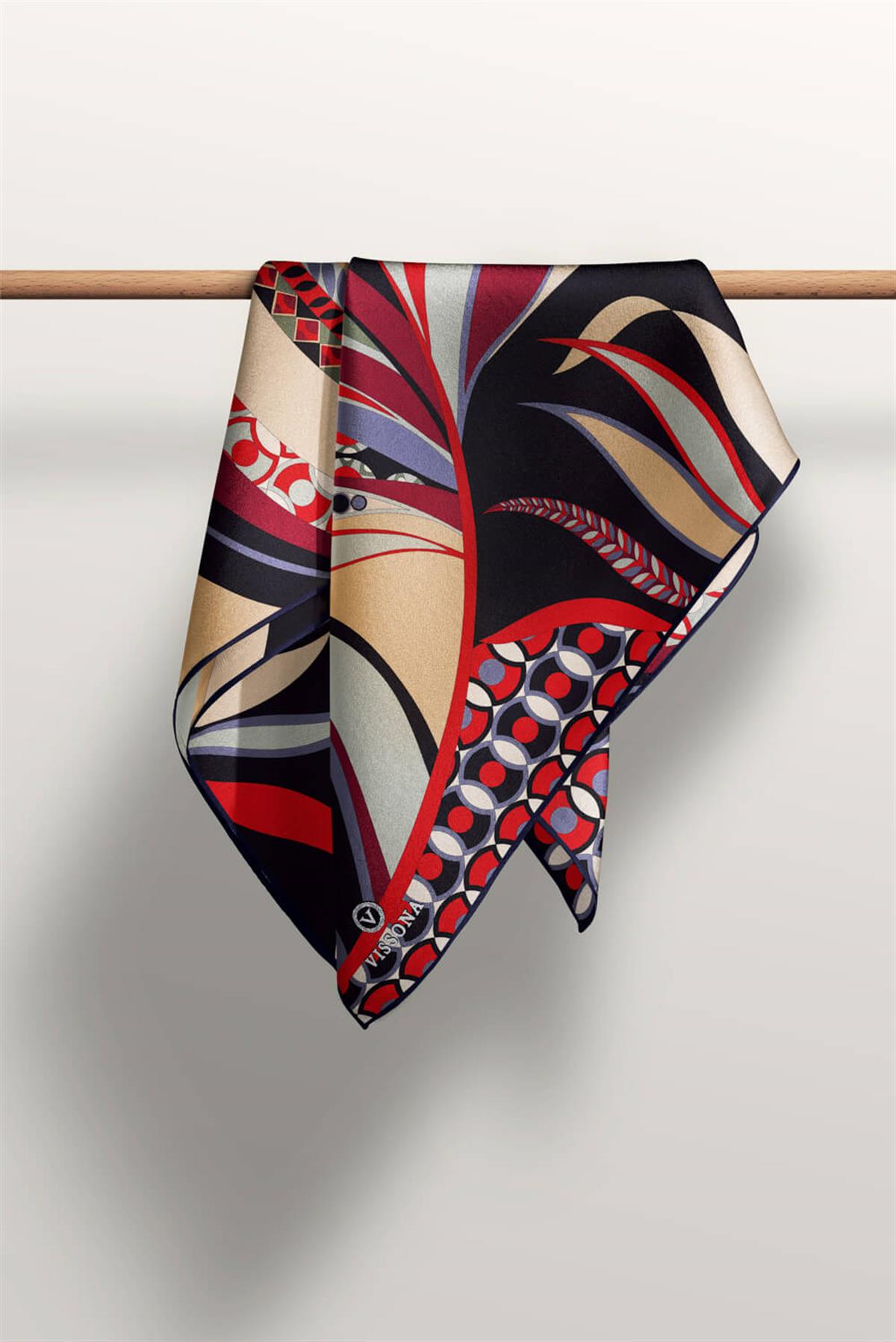 100% Twill Etnik Yaprak Desenli Kırmızı Renkli 90x90 Dikim Şekli : El Dikişi Eşarp