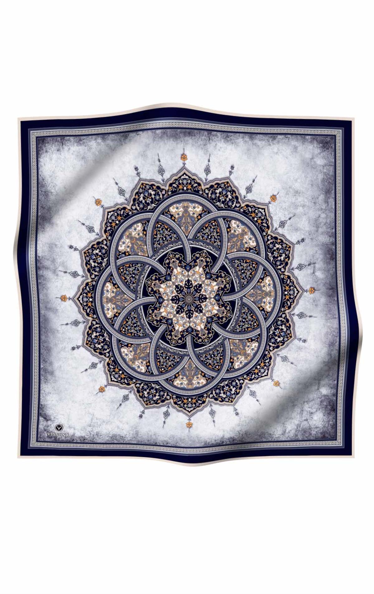 %100 Twill İpek Şal Desenli Gri - Lacivert Renkli 90x90 Eşarp Dikim Şekli : El Dikişi