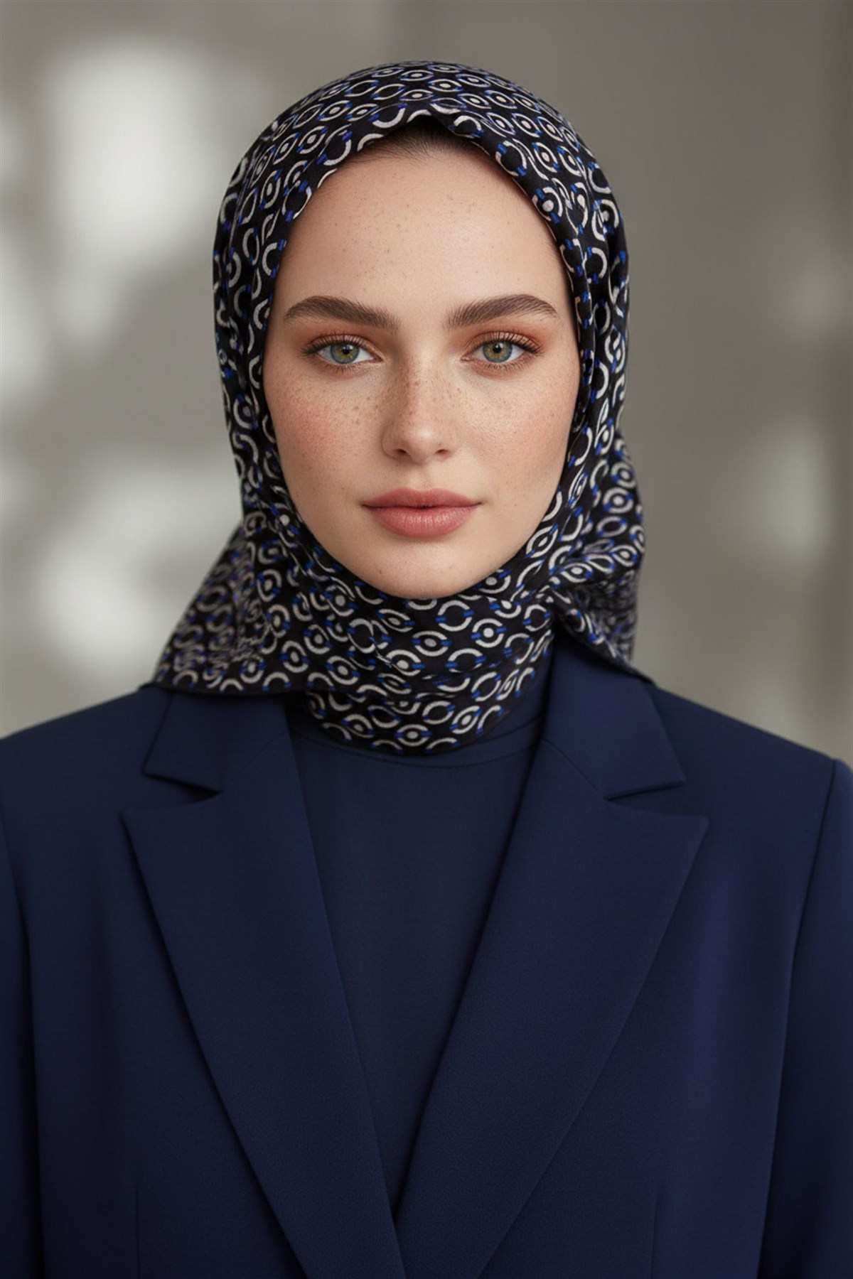 %100 Twill İpek Zincir Desenli Siyah - Saks Renkli 90x90 Eşarp Kenar Dikiş Şekli El Dikişli
