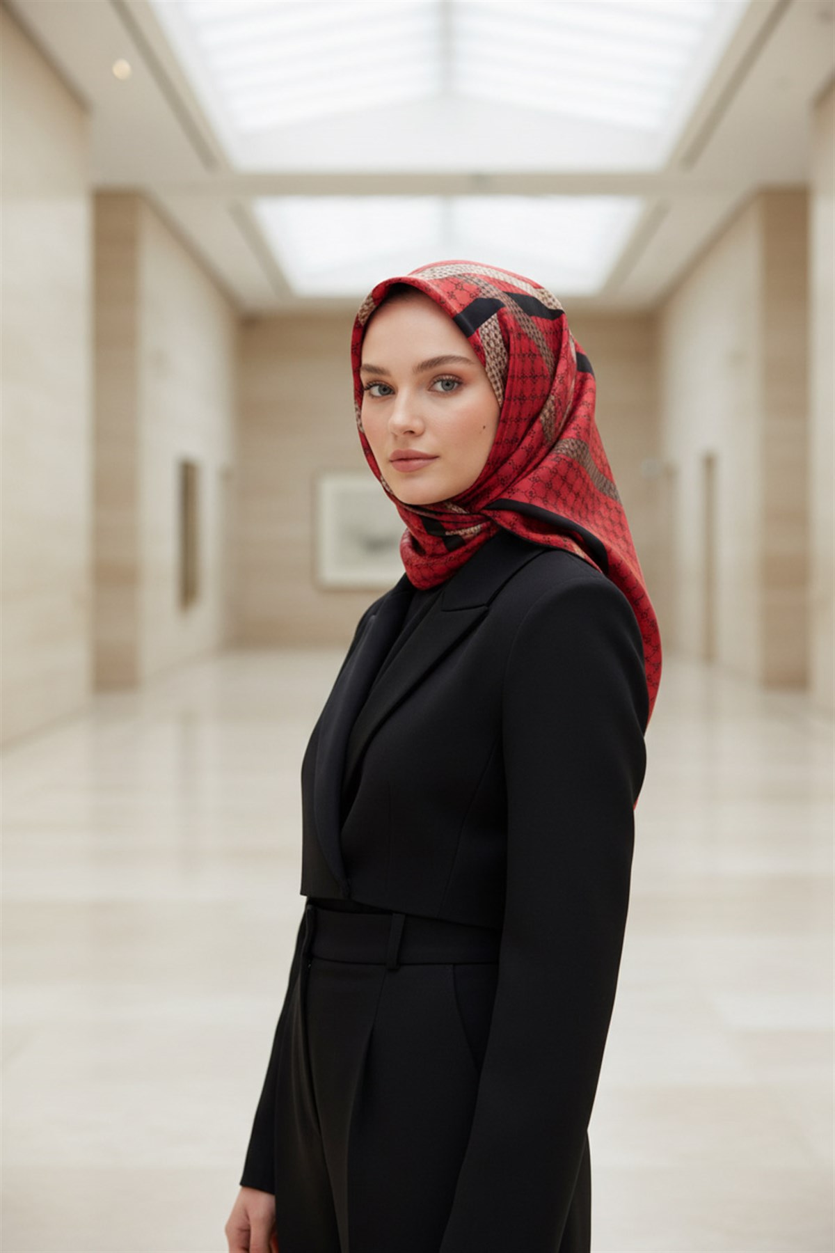 %57 İPEK %43 VİSKON Twill İpek Monogram Ve Şerit Desenli Bordo - Siyah Renkli 90x90 Eşarp Dikim Şekli : El Dikişi