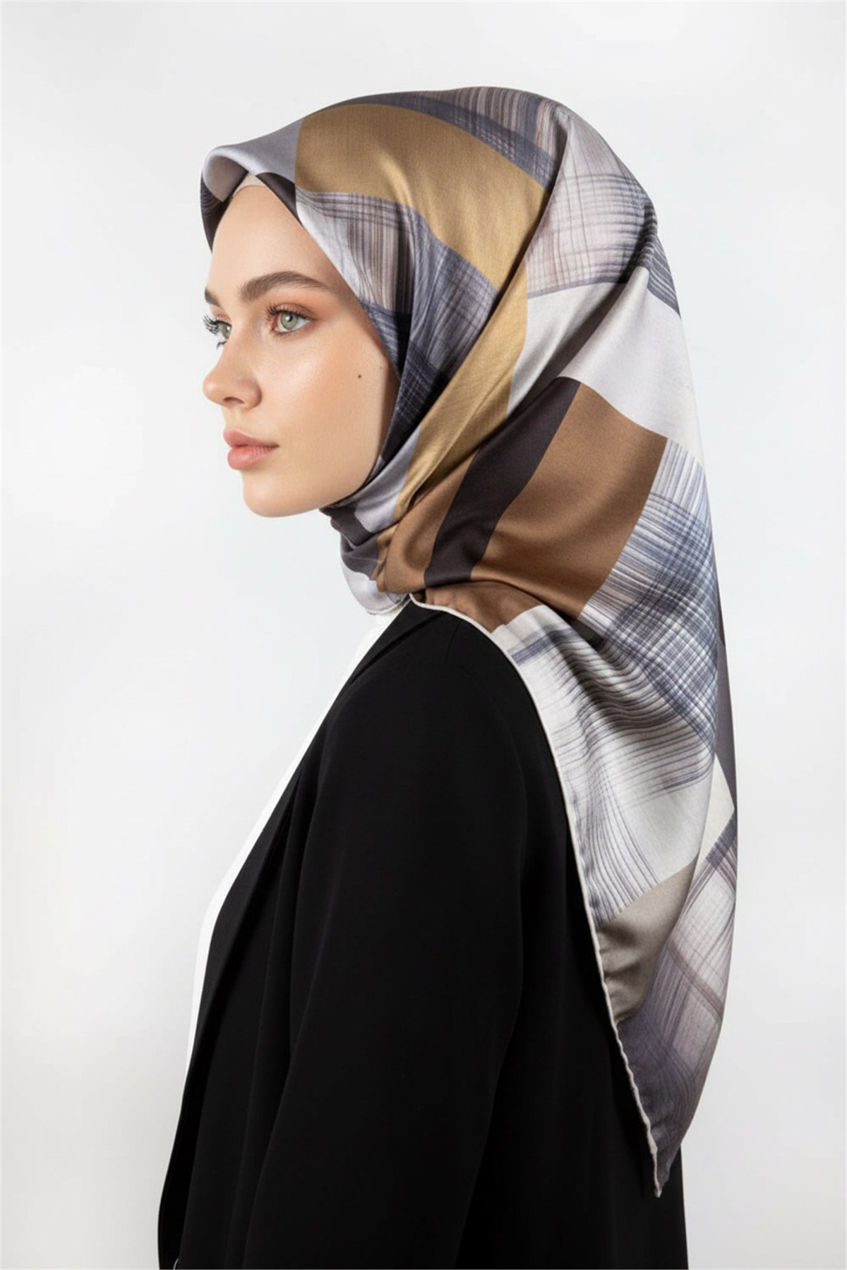 Twill Geometrik Desenli Gri Renkli 90x90 Eşarp (İpek İçermez) Kenar Dikiş Şekli El Dikişli