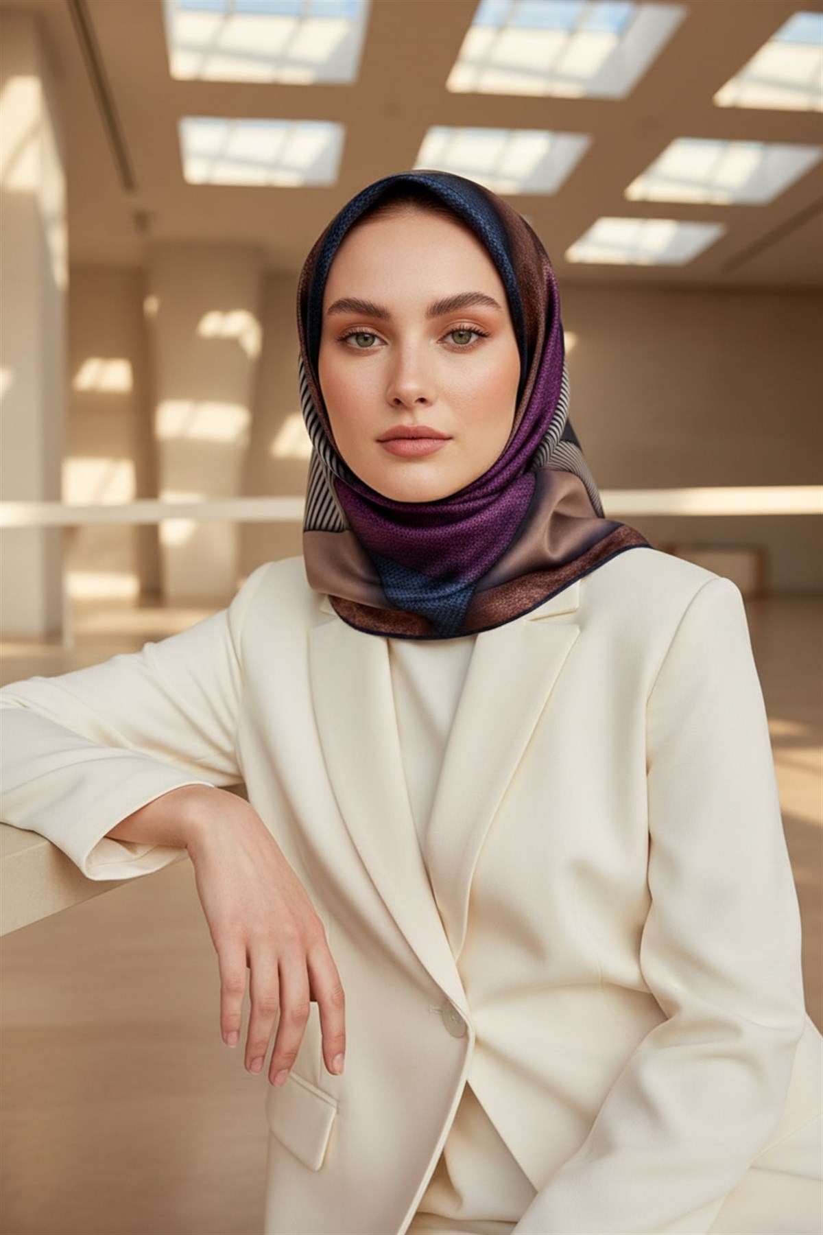 %100 Twill İpek Dokulu ve Geometrik Desenli Lacivert - Mürdüm Renkli 90x90 Eşarp Dikim Şekli : El Dikişi