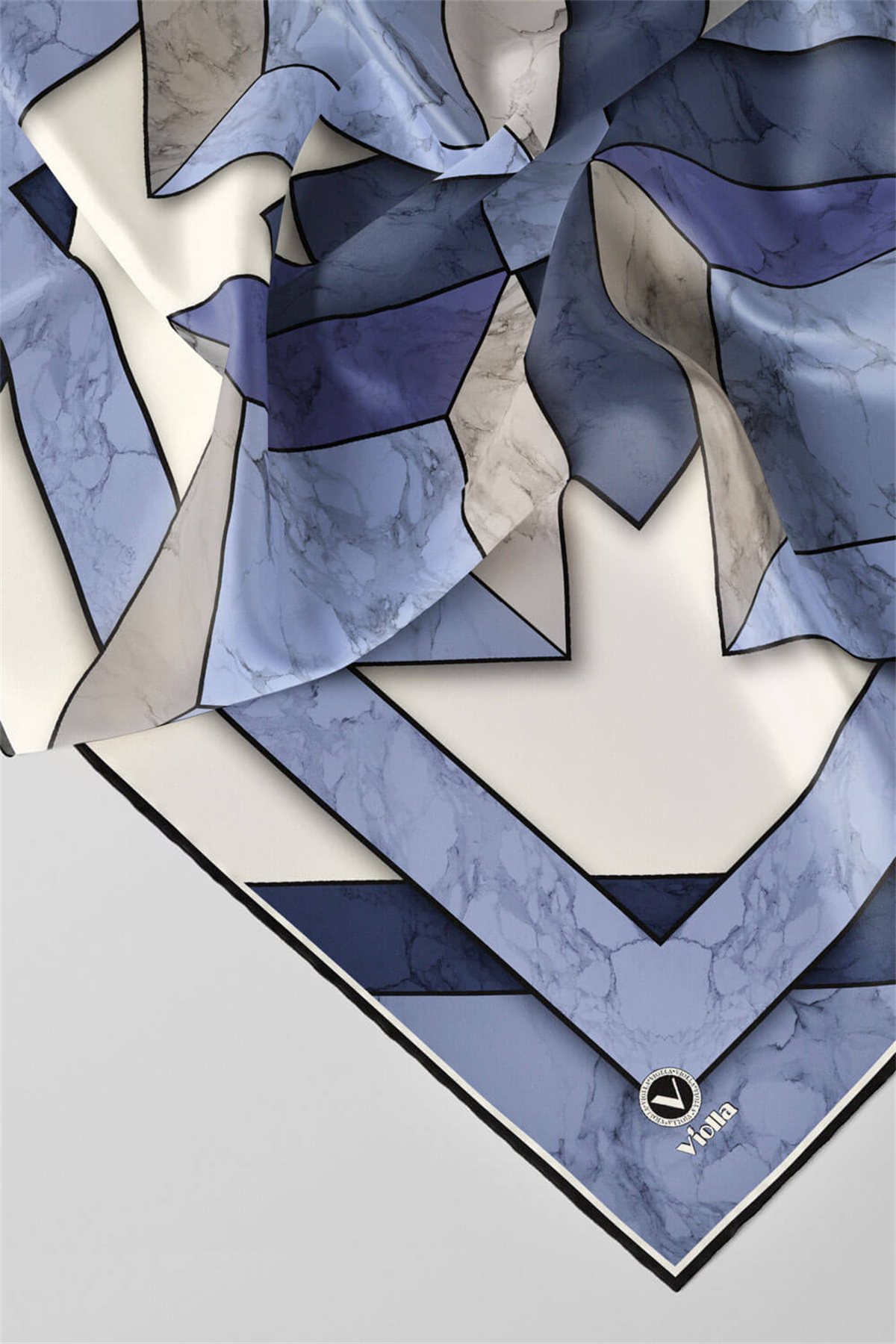 Twill Mermer Desenli İndigo - Lacivert Renkli 90x90 Eşarp (İpek İçermez) Kenar Dikiş Şekli El Dikişli