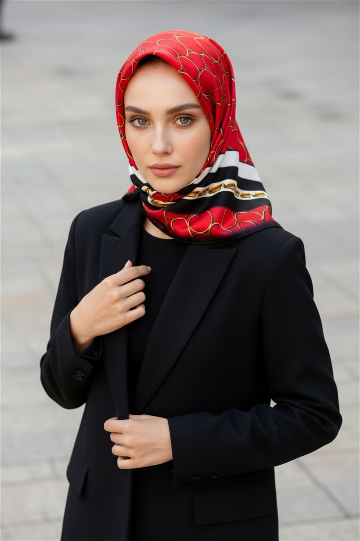%100 Twill İpek Zincir Desenli Kırmızı - Siyah Renkli 90x90 Eşarp Kenar Dikiş Şekli El Dikişli