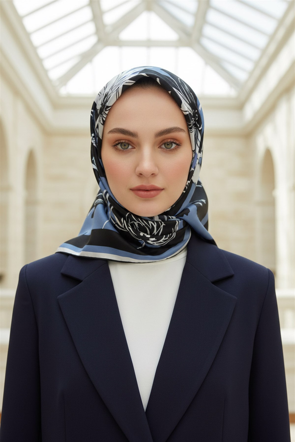 %100 Twill İpek Çiçekli ve Geometrik Desenli İndigo - Siyah Renkli 90x90 Eşarp Dikim Şekli : El Dikişi